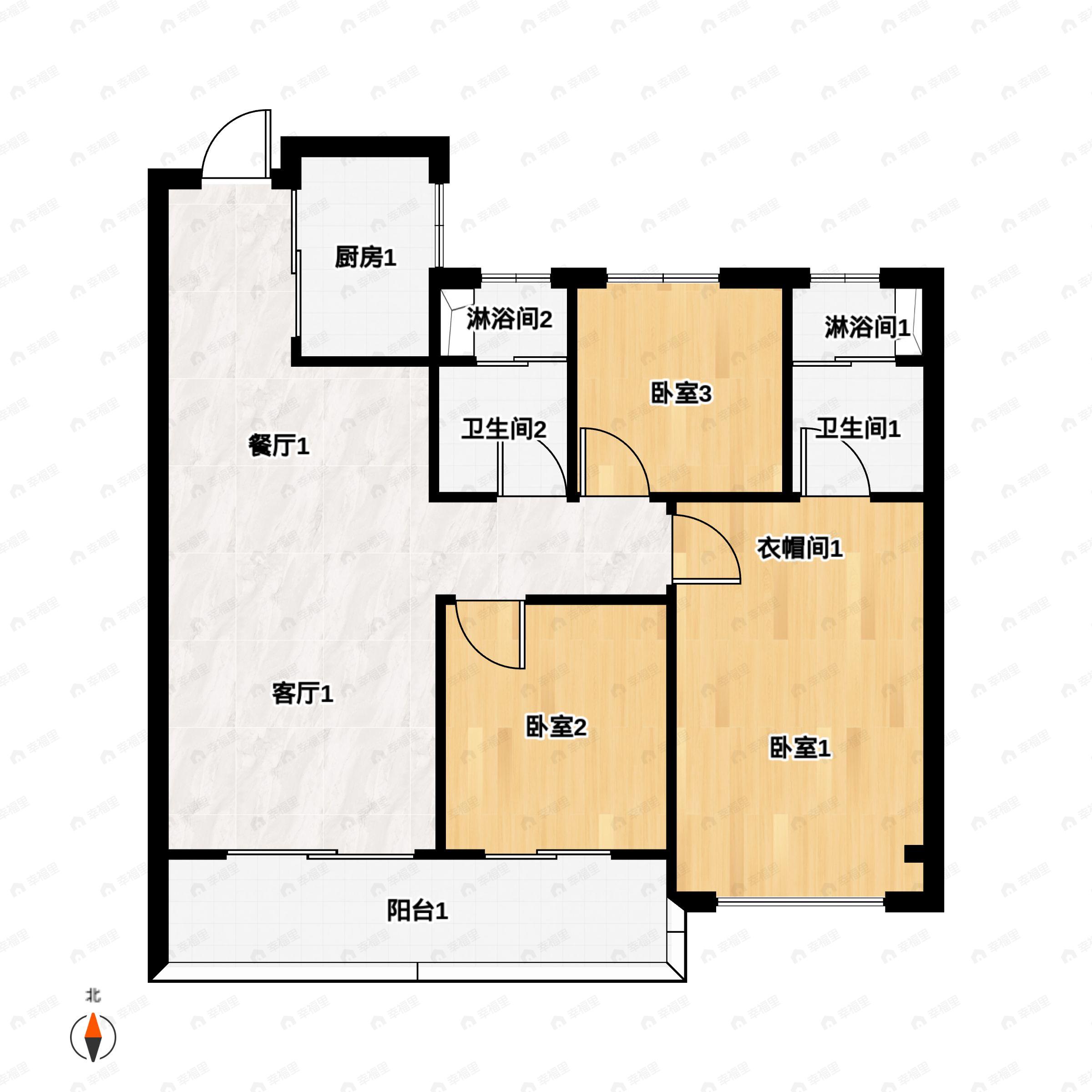 3室2厅2卫建面102平户型图