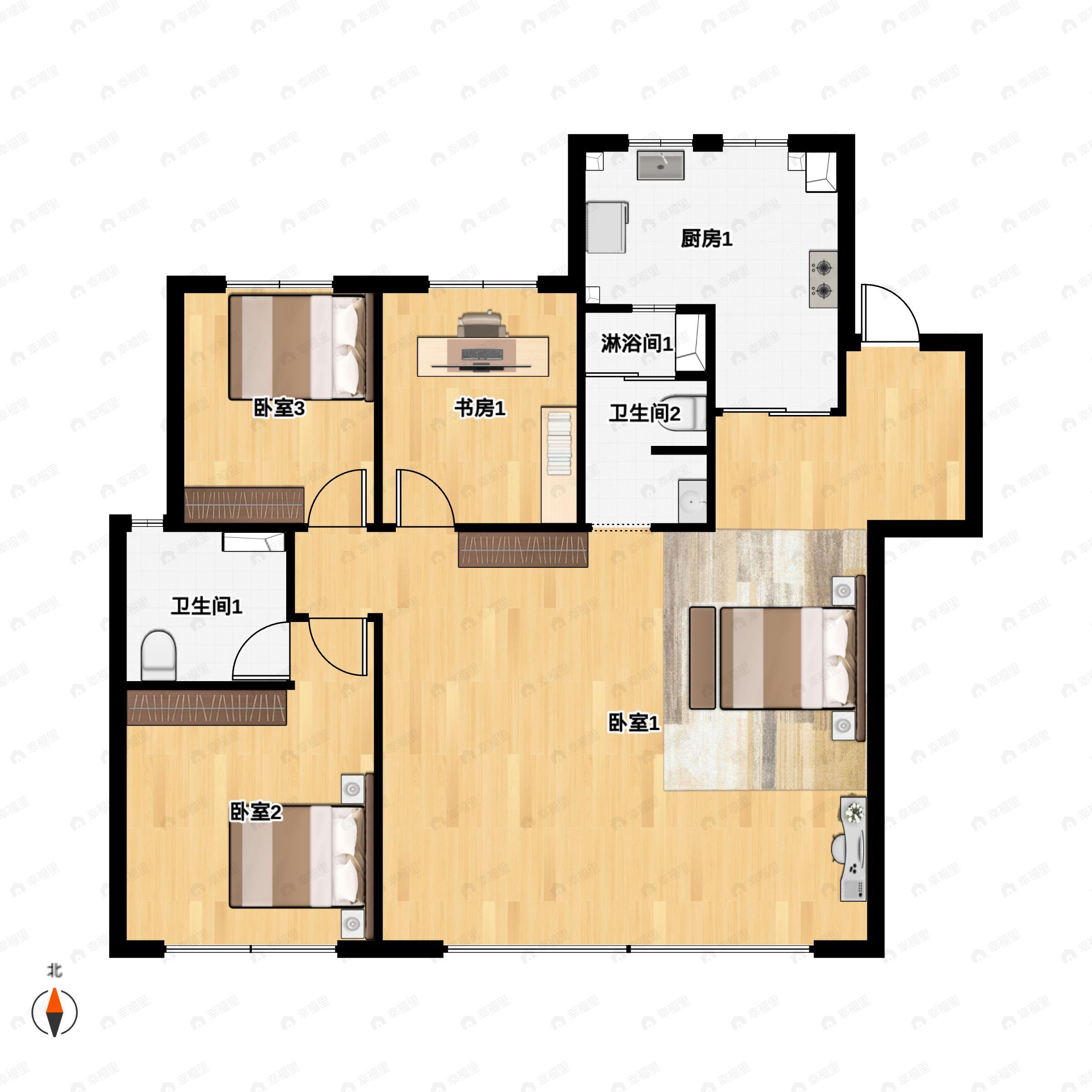3室2厅2卫建面129m²南户型图