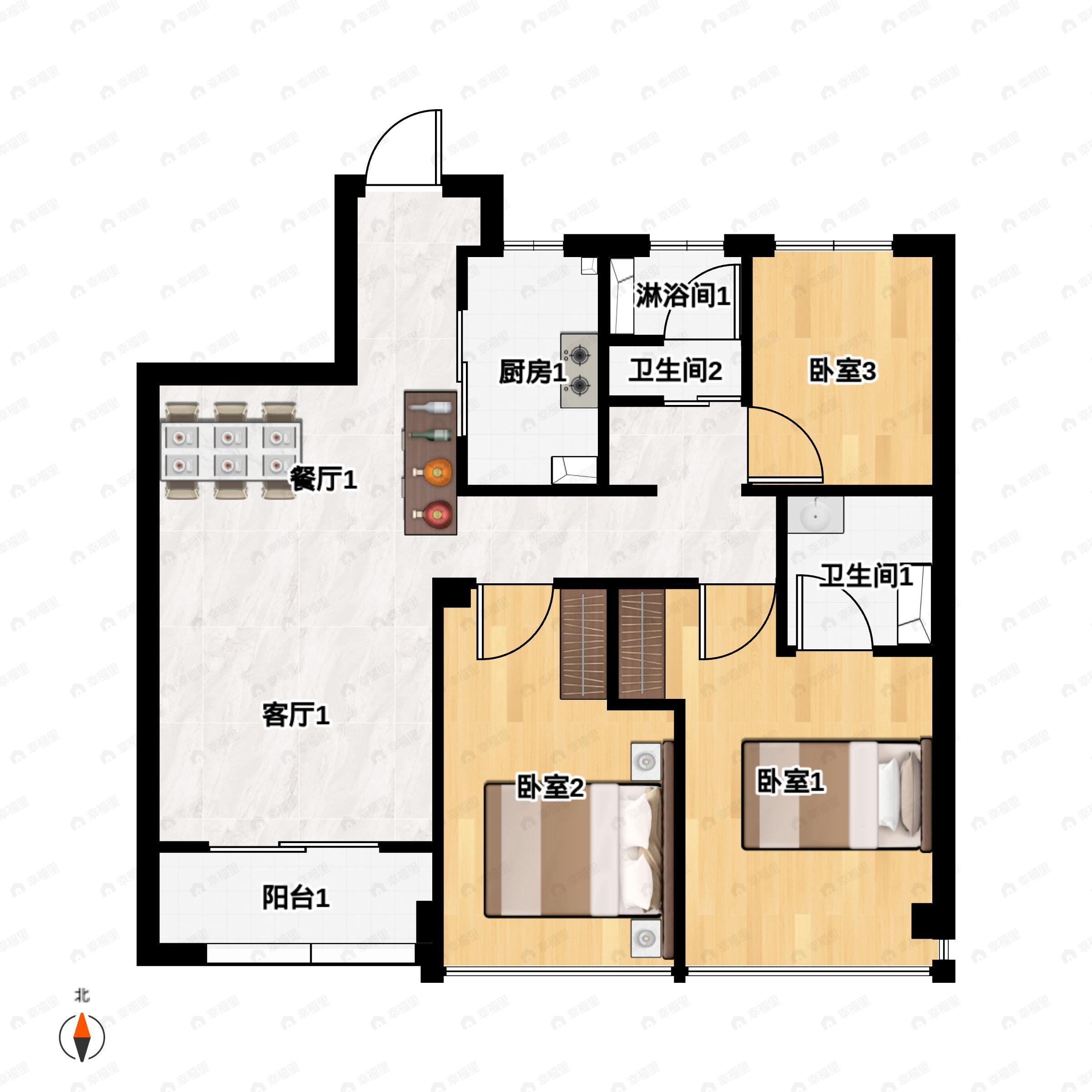 3室2厅2卫建面95m²南户型图