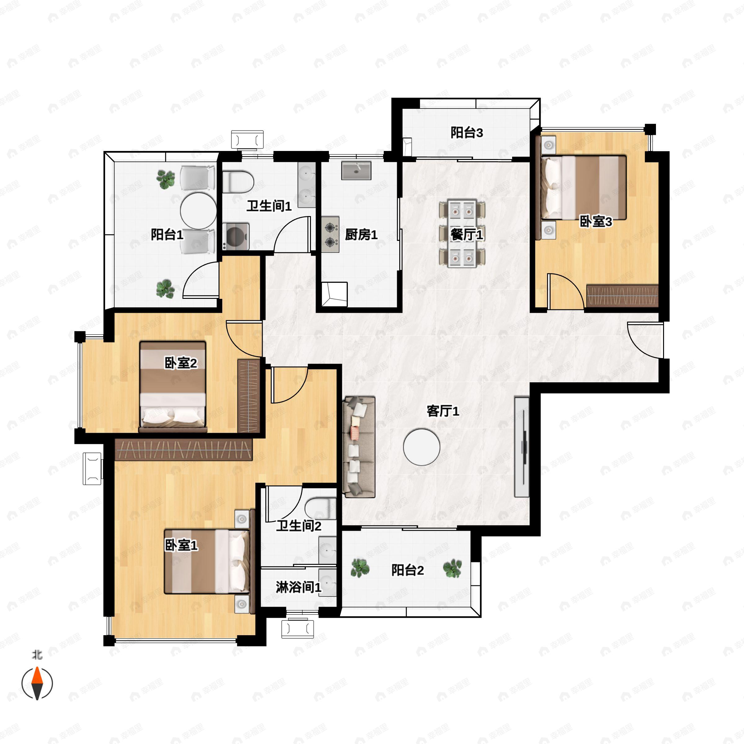 3室2厅2卫建面128m²南户型图