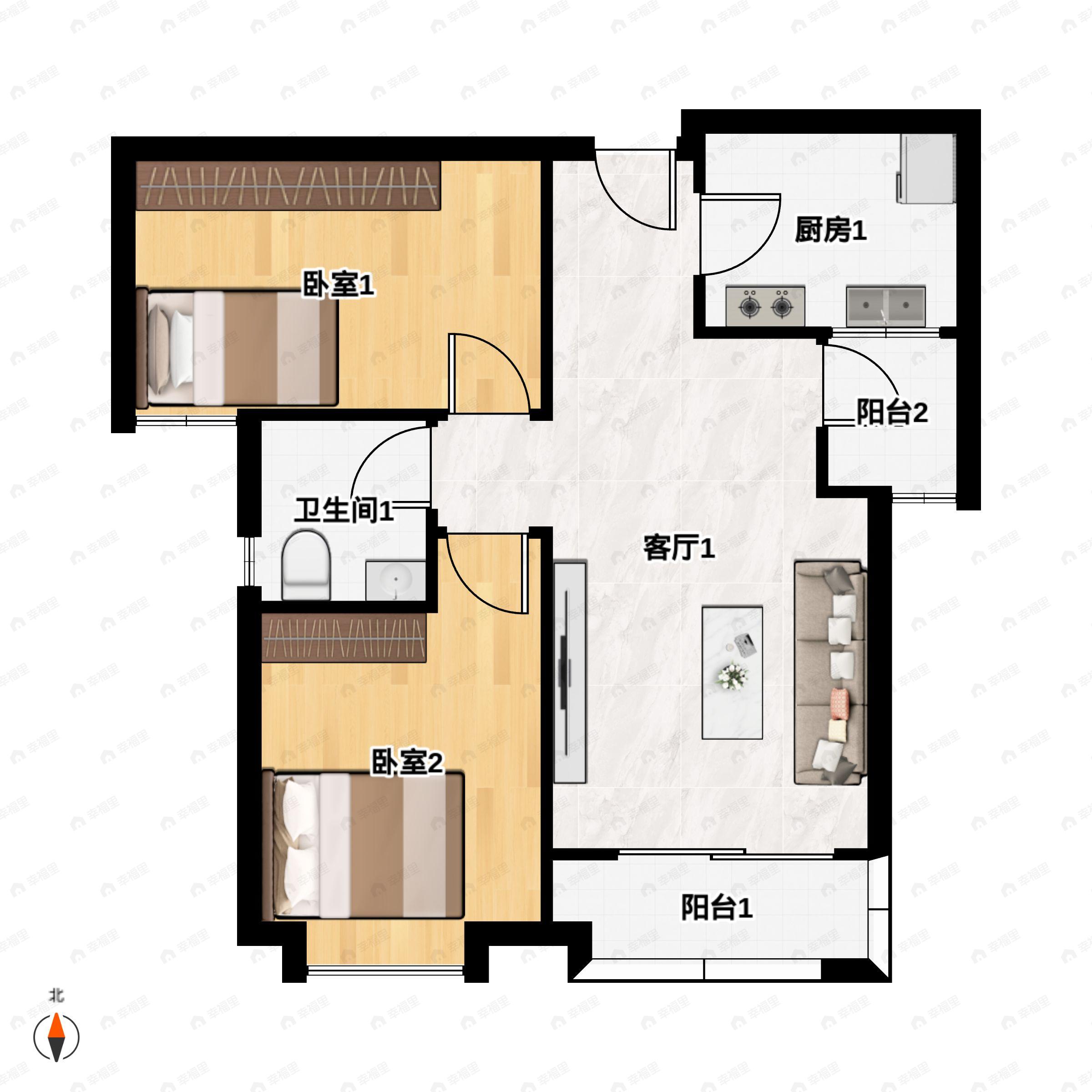 2室2厅1卫建面86m²南户型图