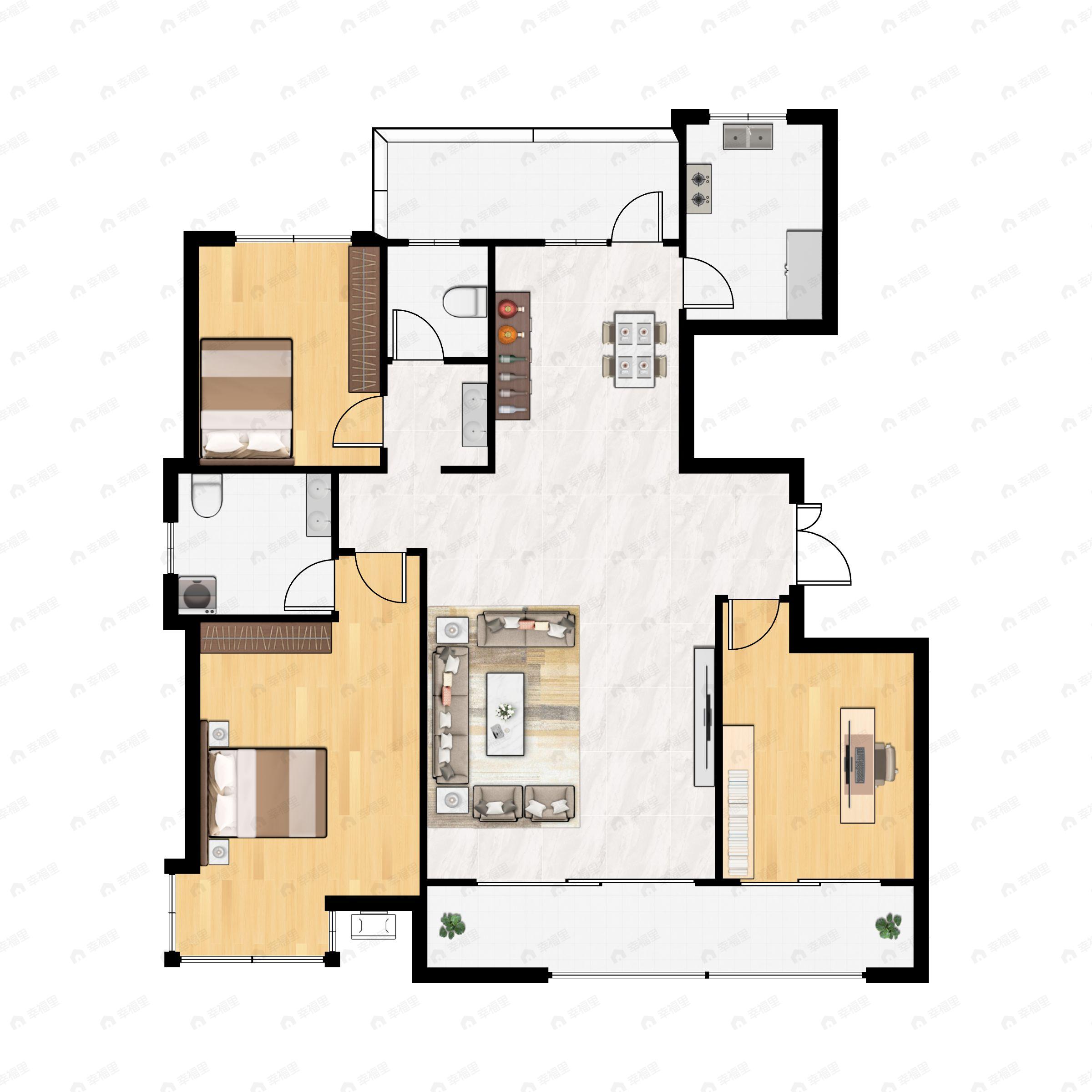 3室2厅2卫建面120m²南|北户型图