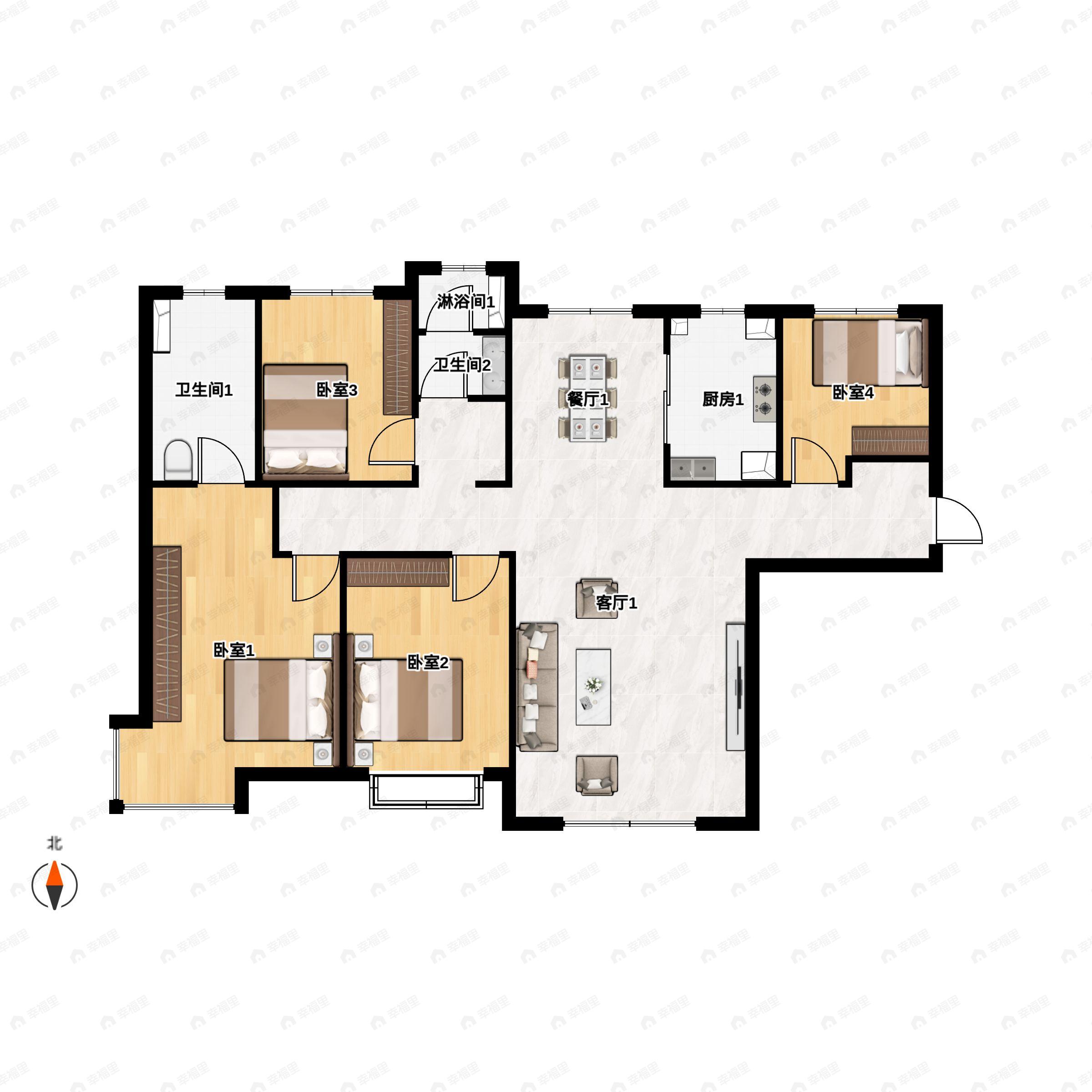 4室2厅2卫建面142平南户型图