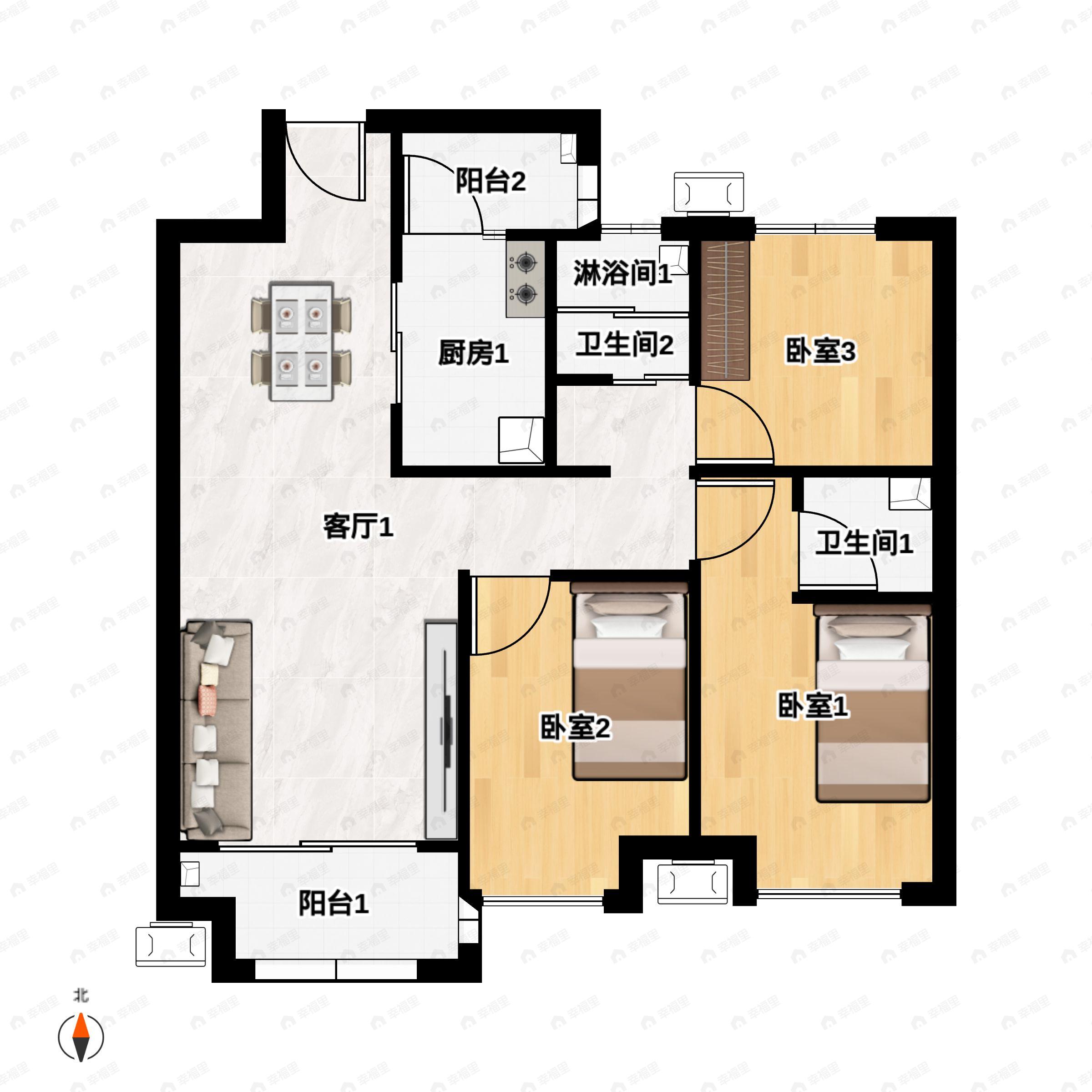 3室2厅2卫建面98平户型图