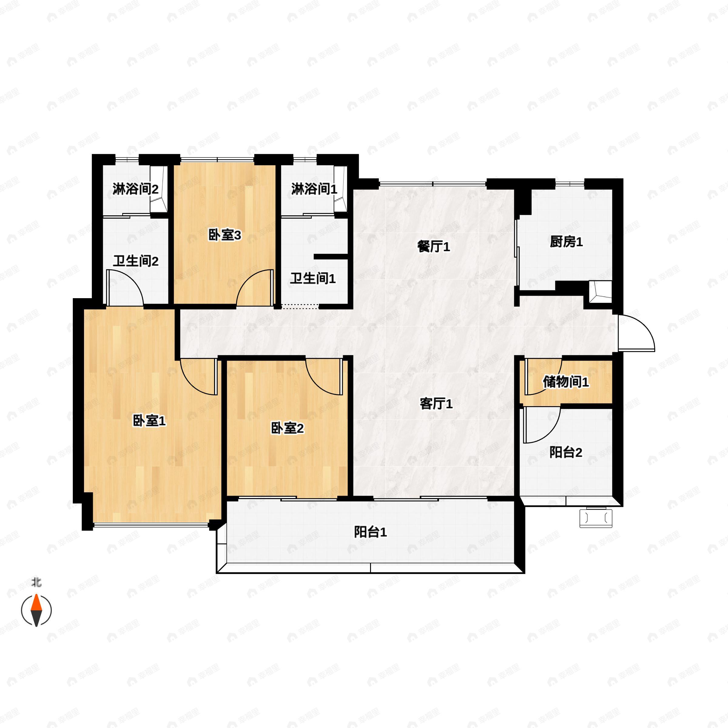 3室2厅2卫建面124平南|北户型图