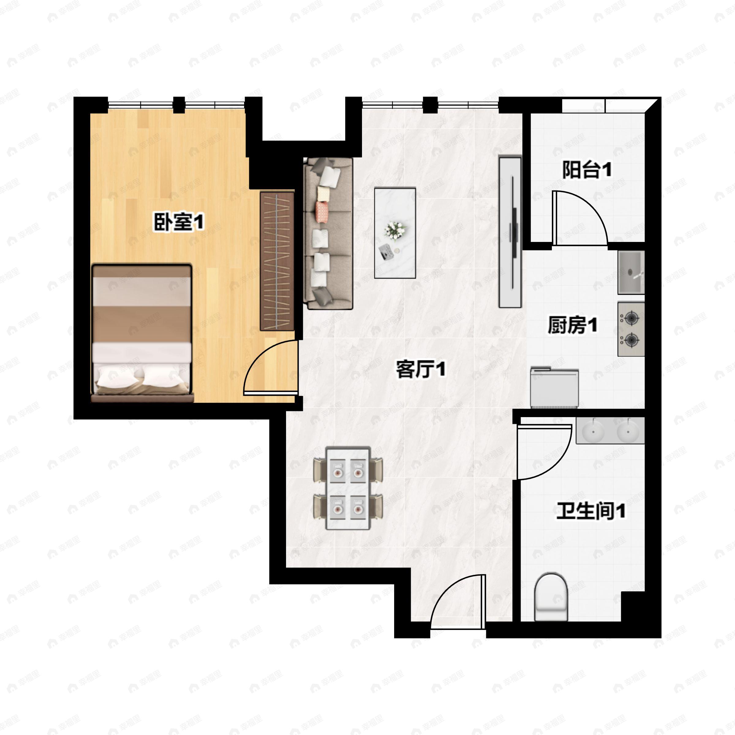 1室1厅1卫建面65平北户型图