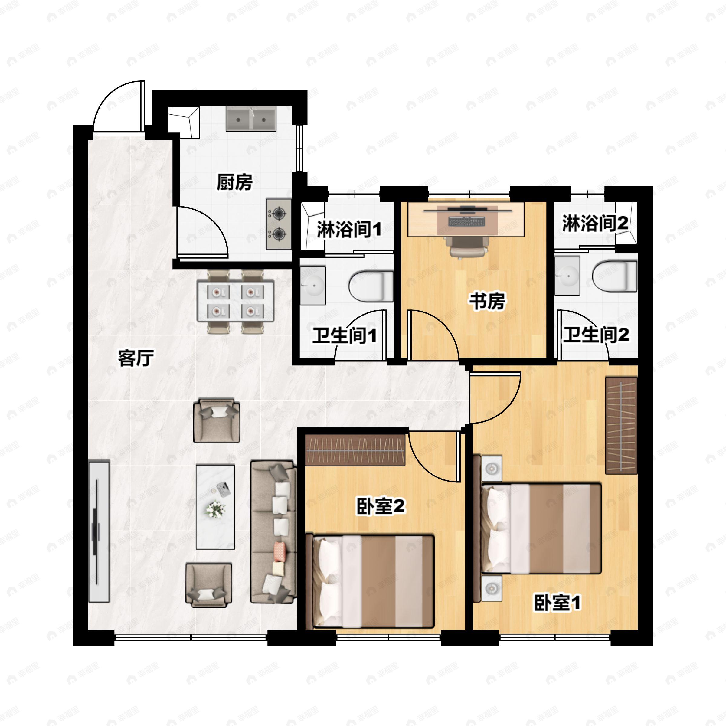 3室2厅2卫建面103平户型图