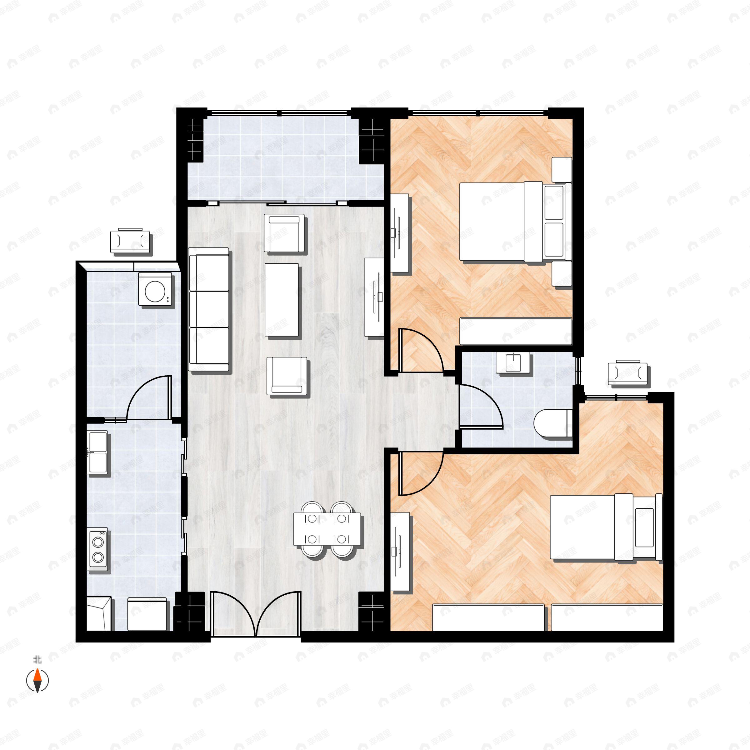 2室2厅1卫建面92m²南|北户型图