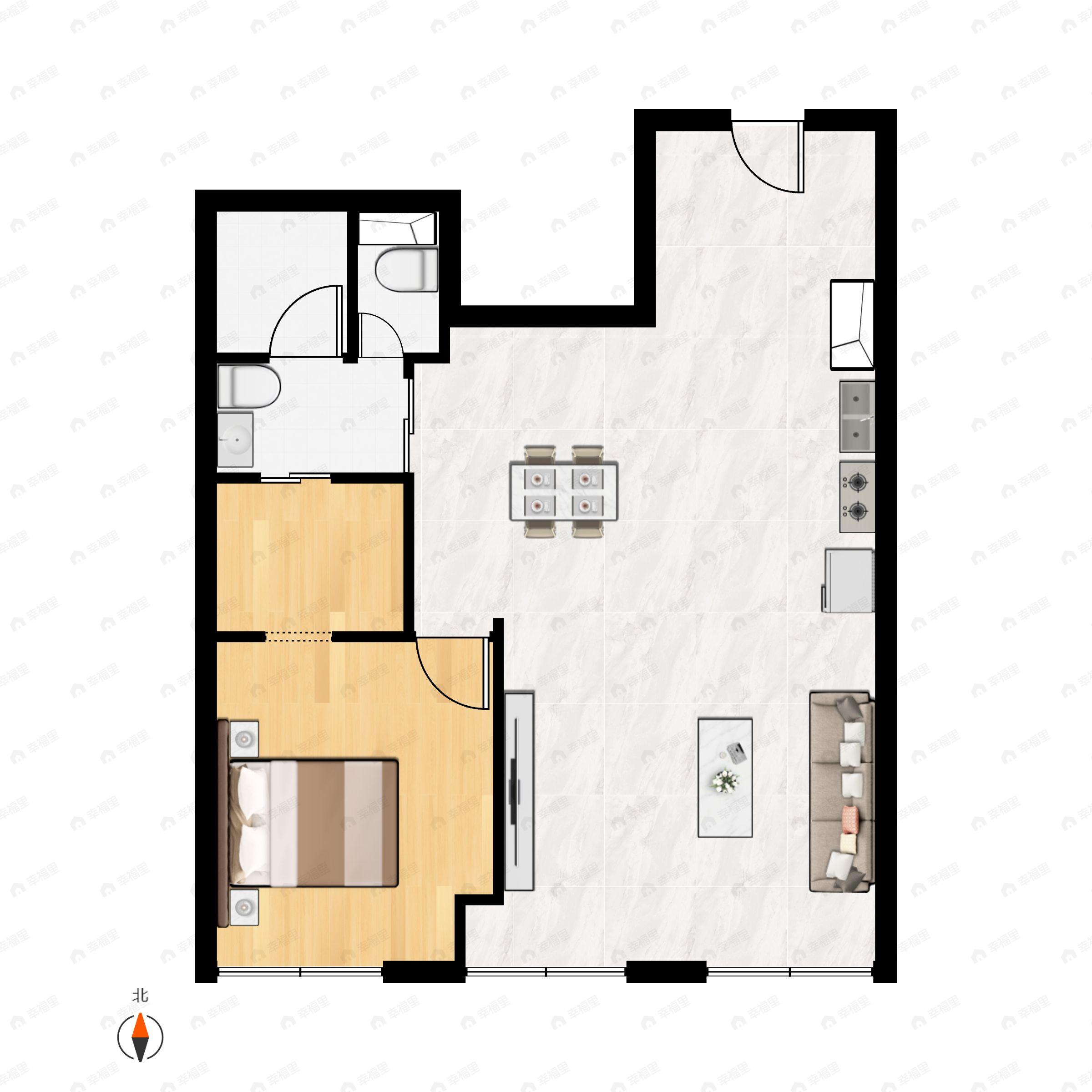 1室1厅1卫建面107m²南户型图