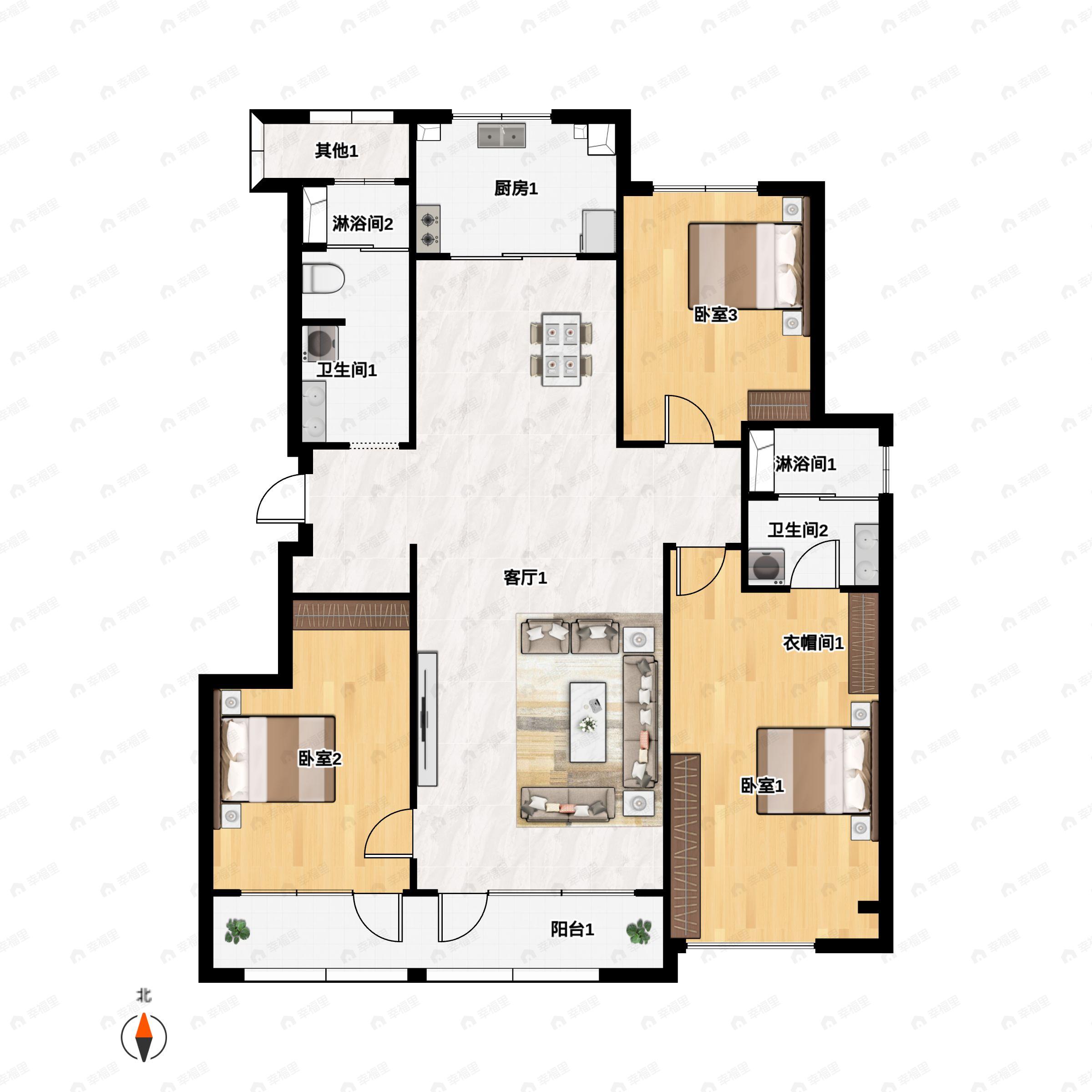 3室2厅2卫建面122m²南户型图