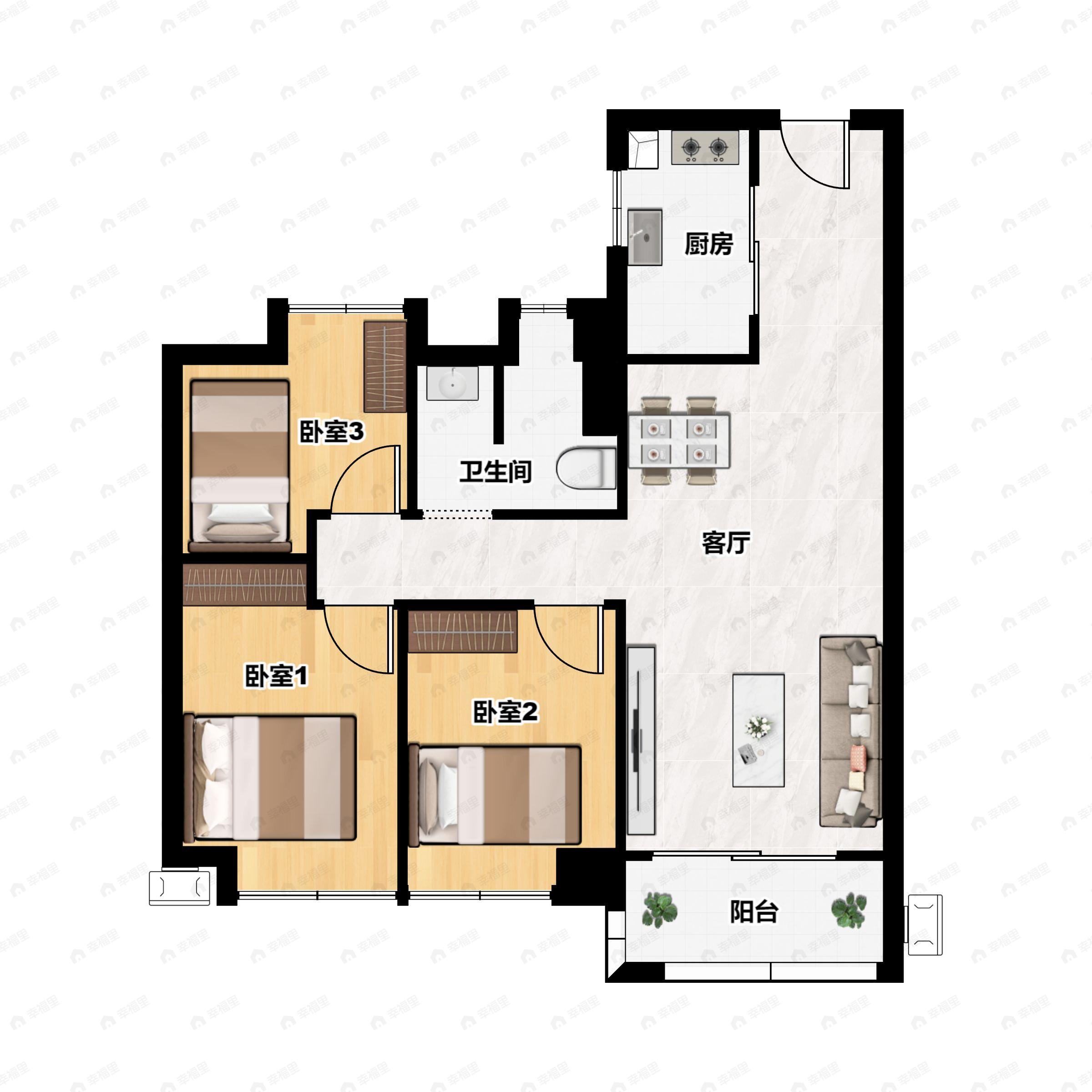 3室2厅1卫建面89平户型图