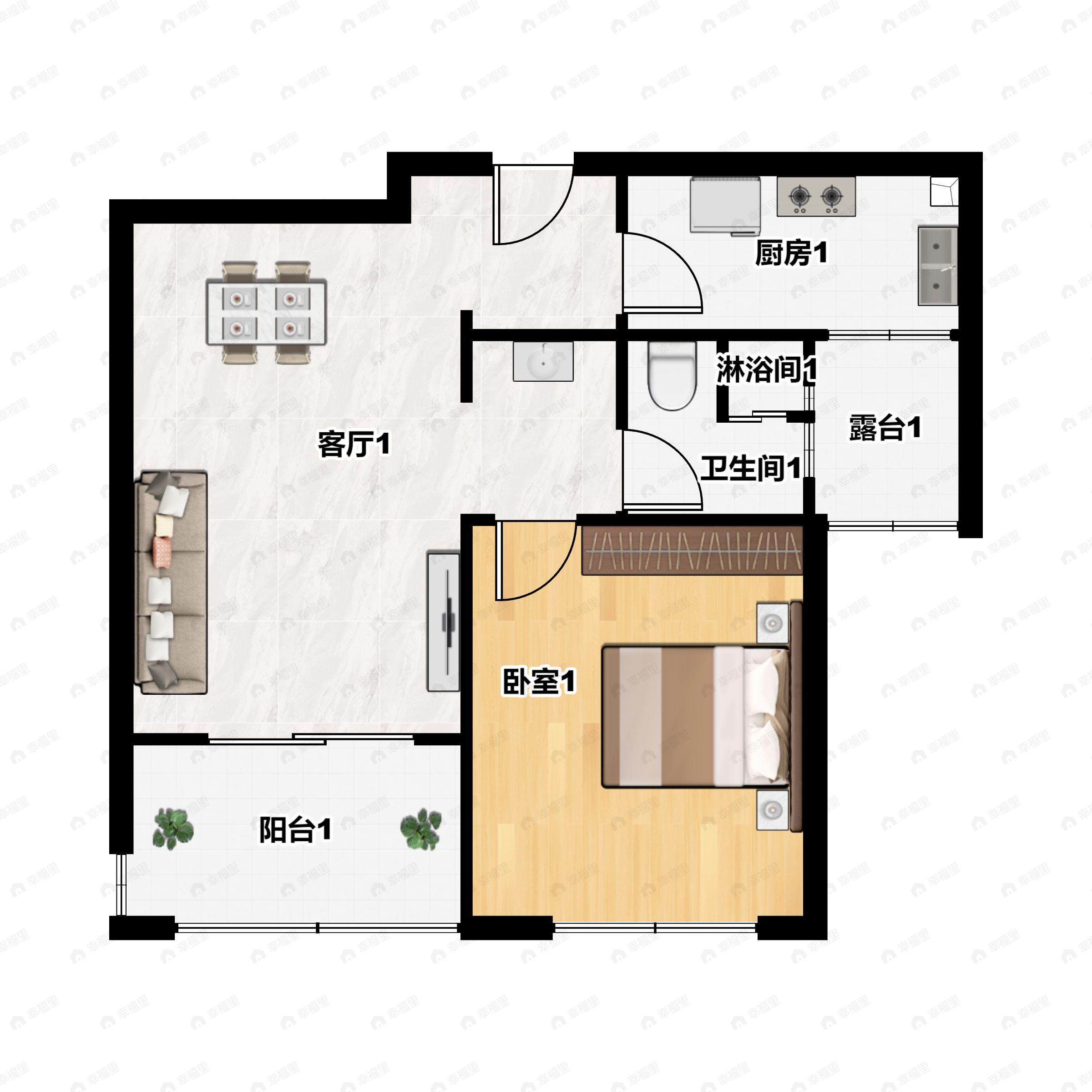 1室1厅1卫建面59m²南户型图