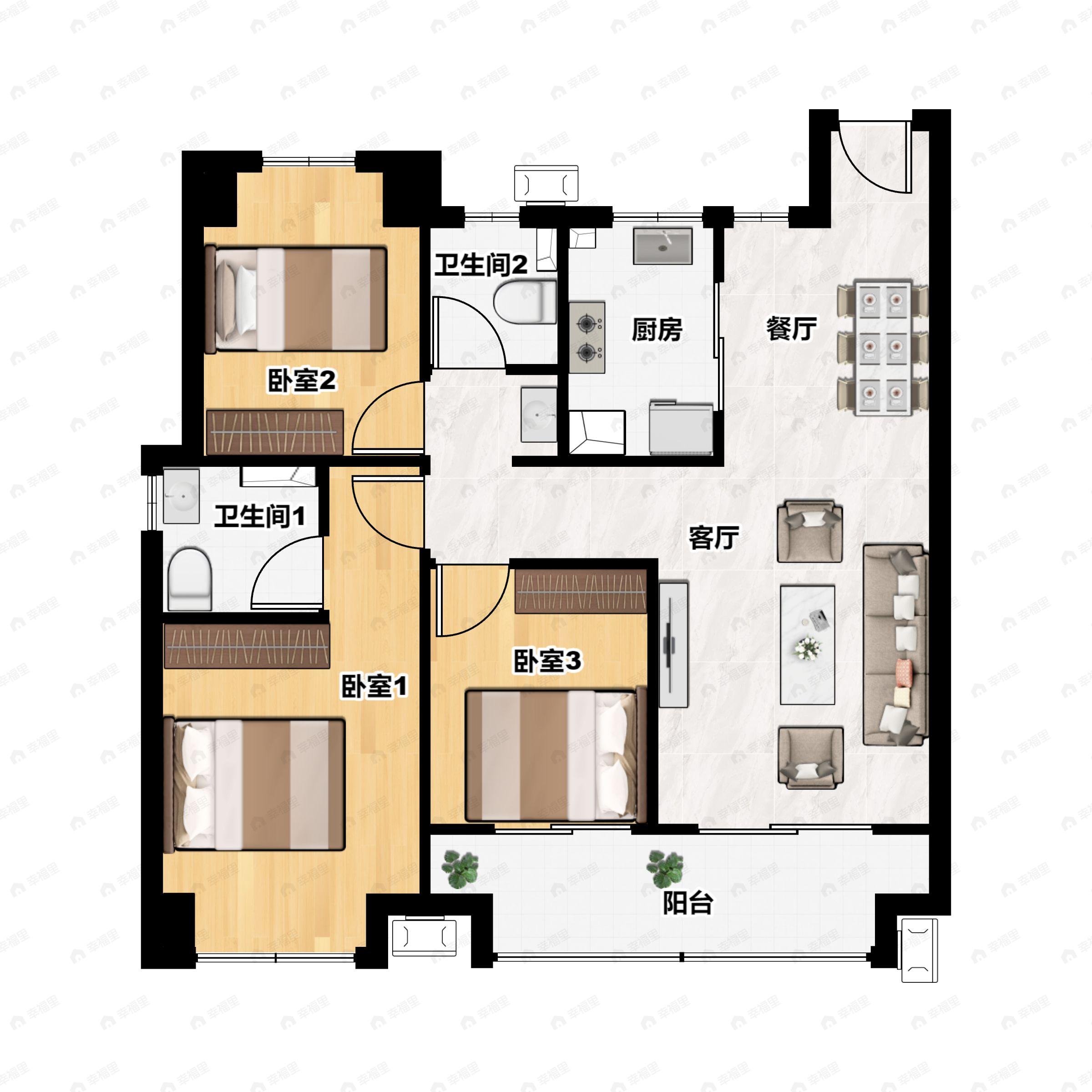 3室2厅2卫建面104平户型图
