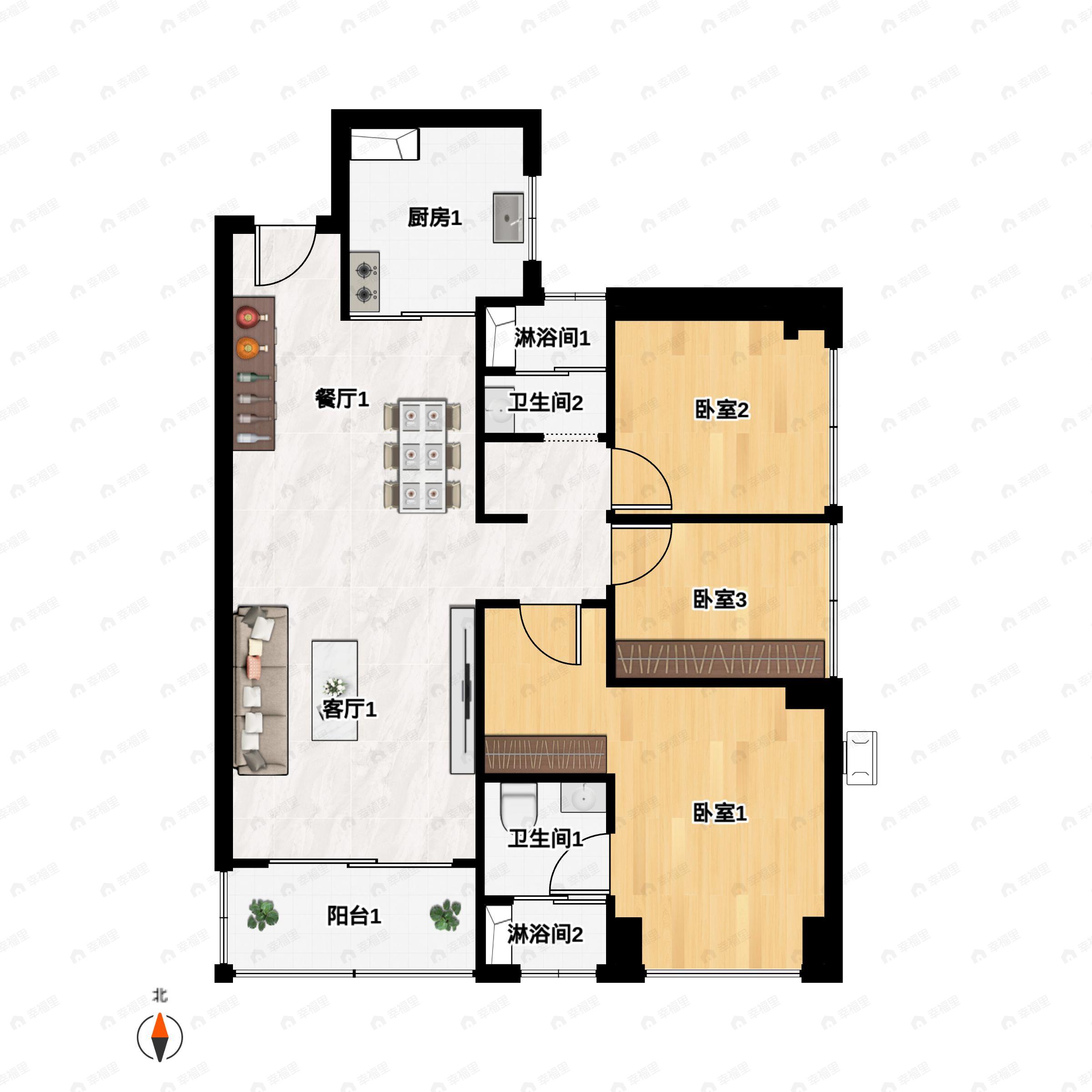 3室2厅2卫建面103平东南|西南户型图