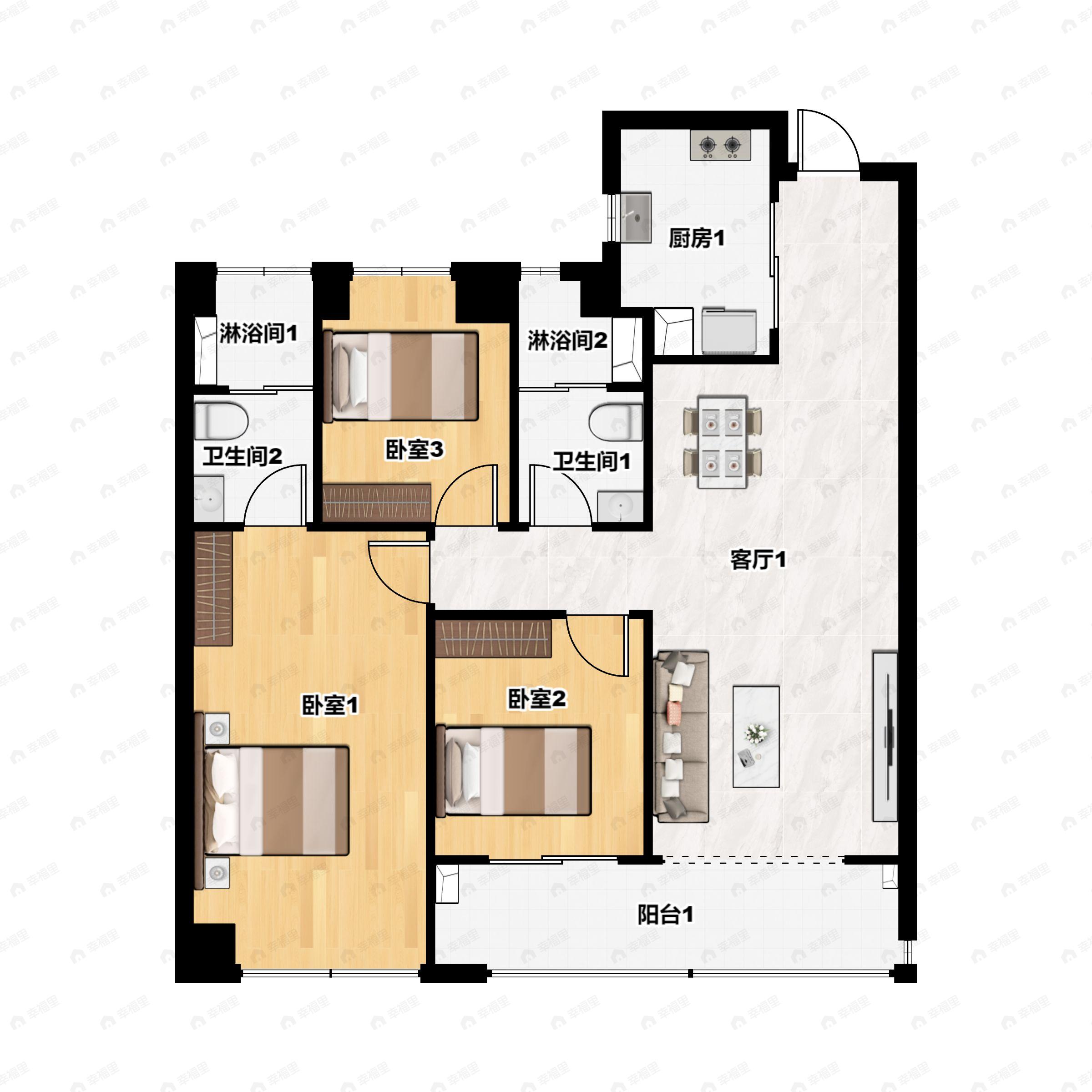 3室2厅2卫建面123m²南户型图