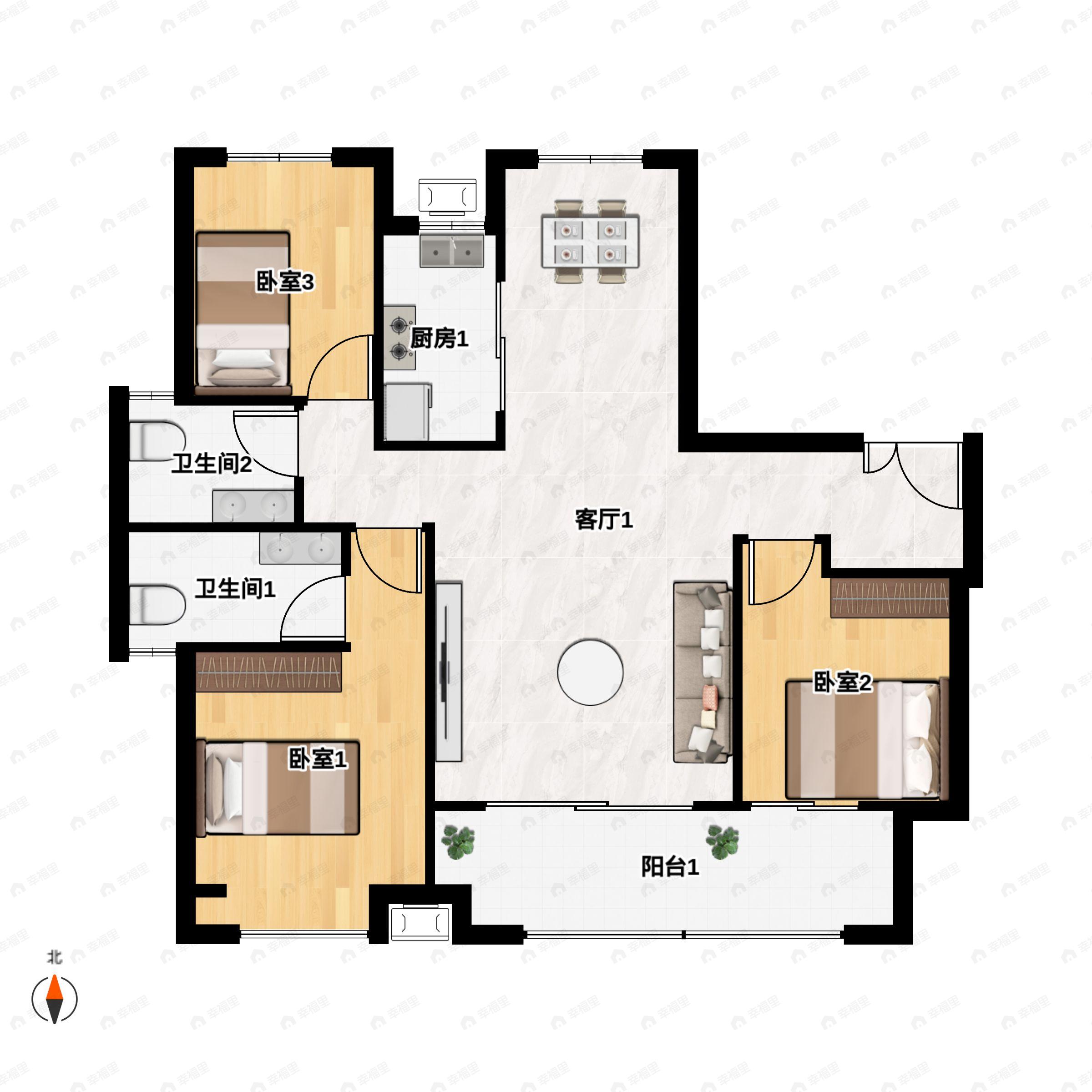 3室2厅2卫建面133m²南|北户型图