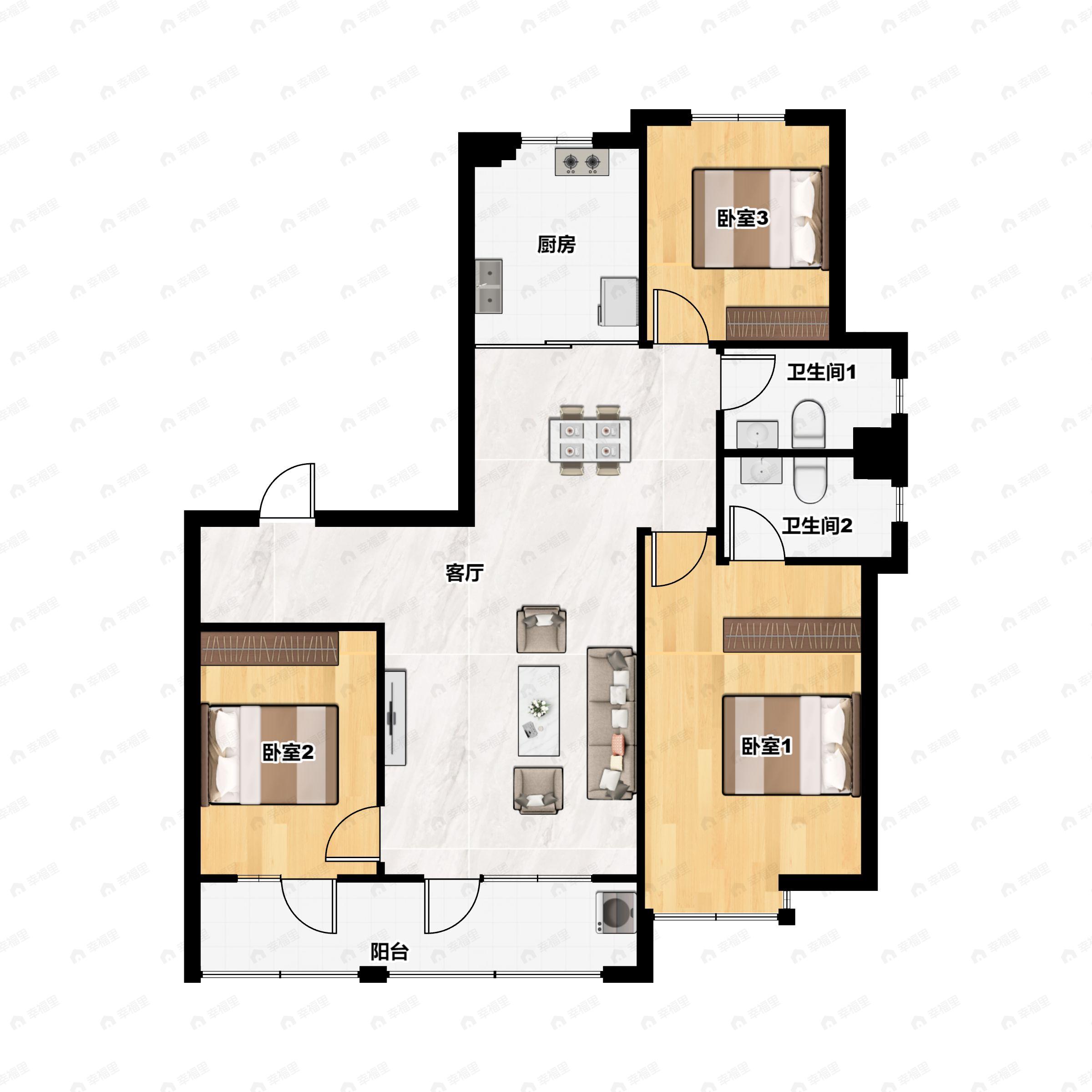 3室2厅2卫建面148m²南户型图