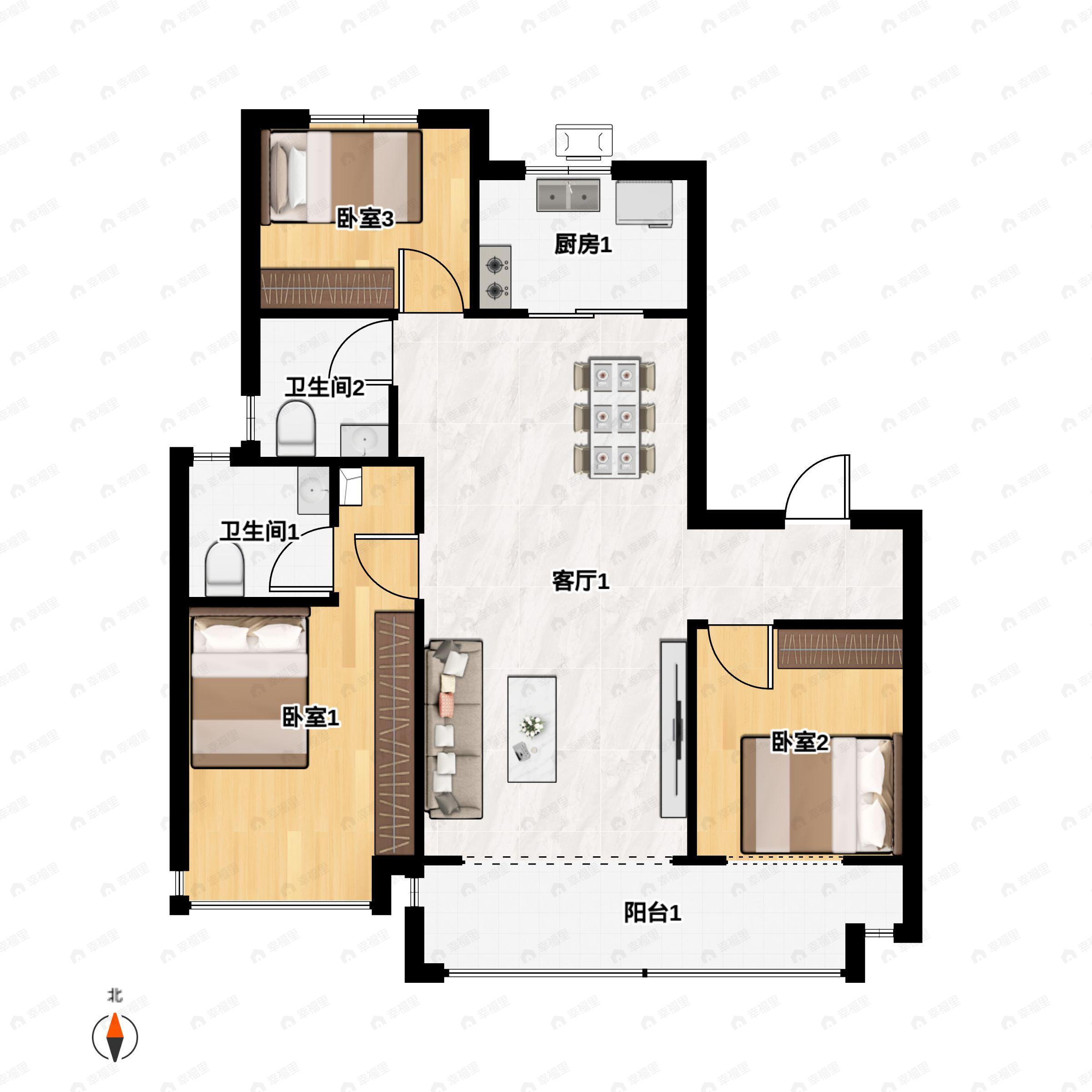 3室2厅2卫建面116平南户型图