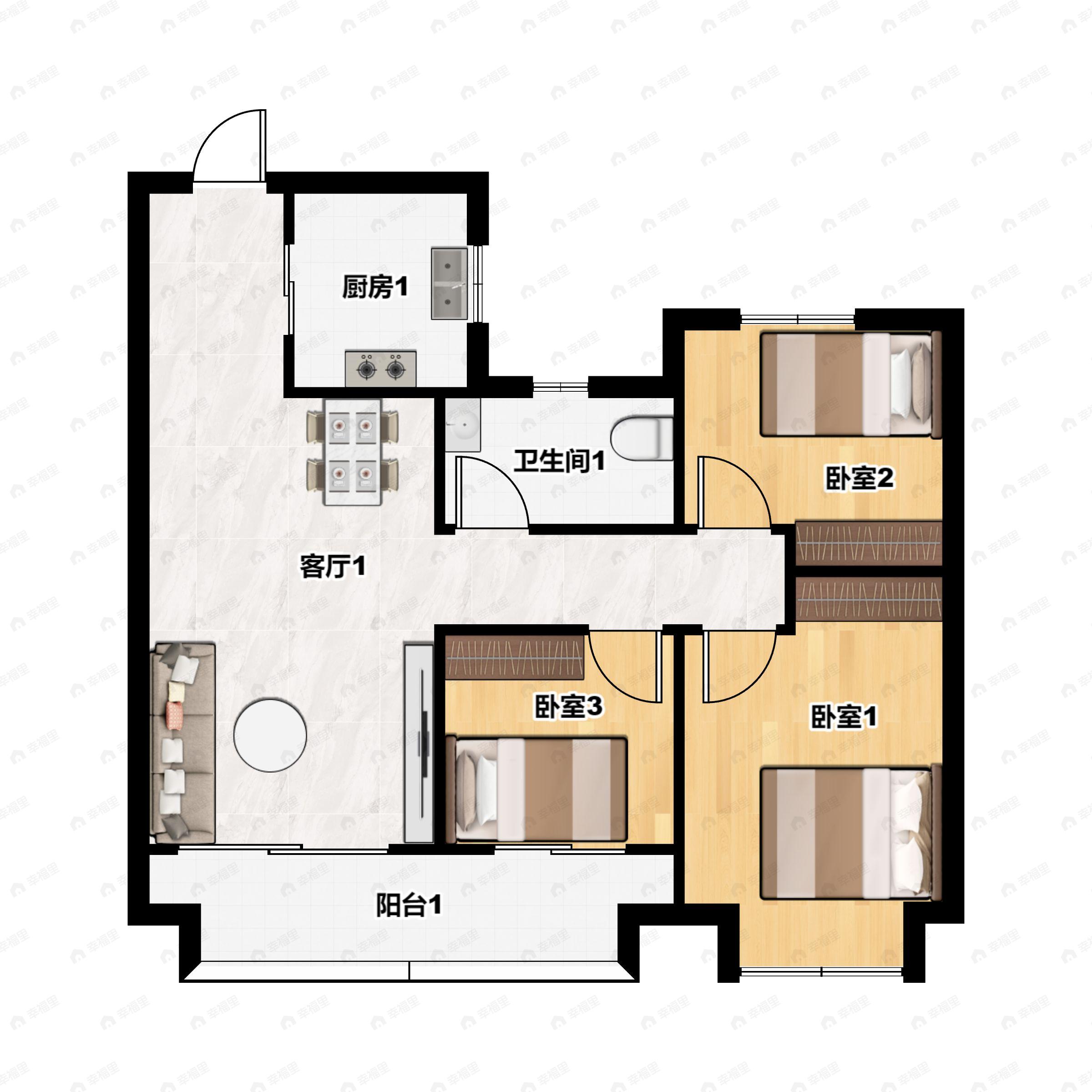 3室2厅1卫建面88平南户型图
