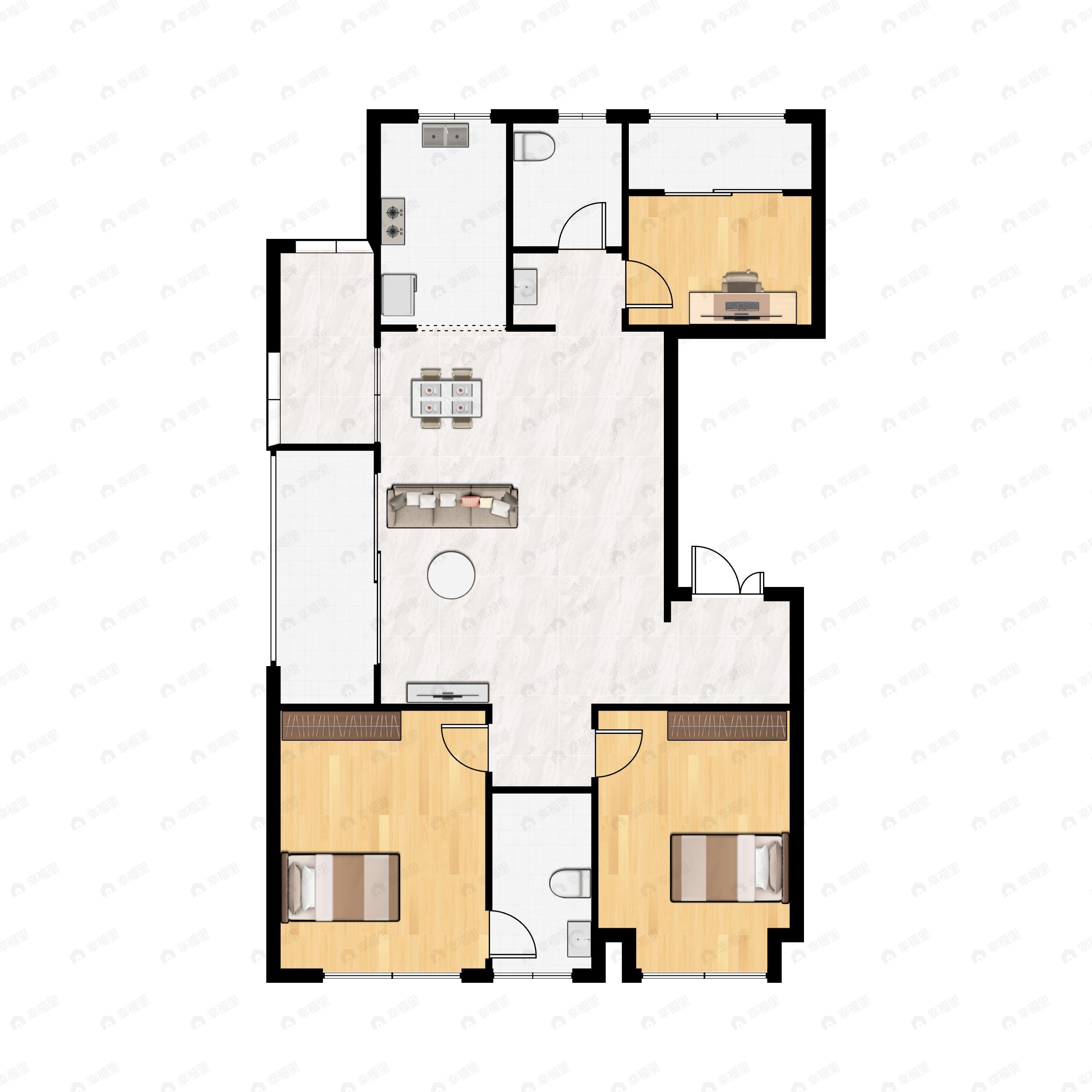3室2厅2卫建面106m²南户型图