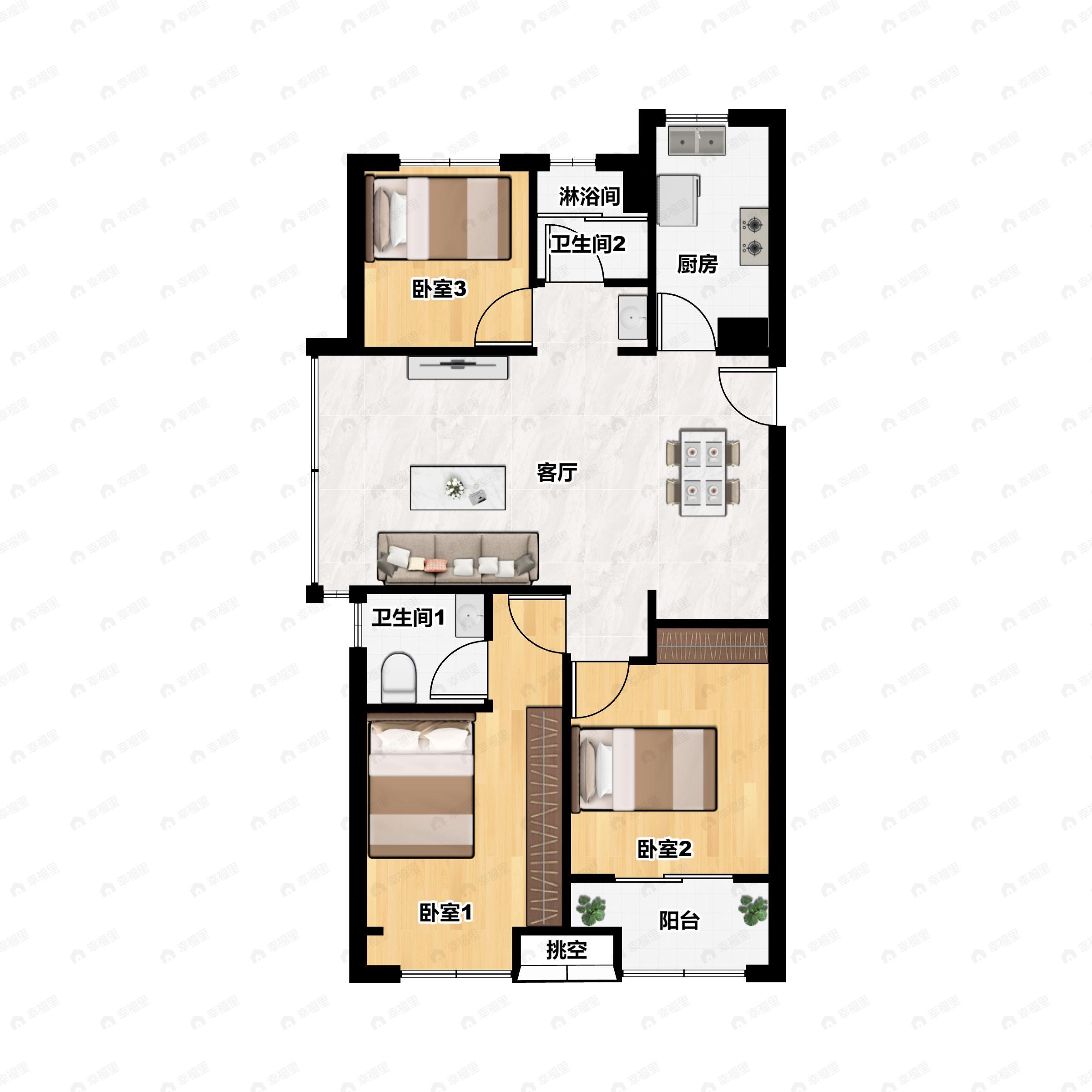 3室2厅2卫建面89平南户型图