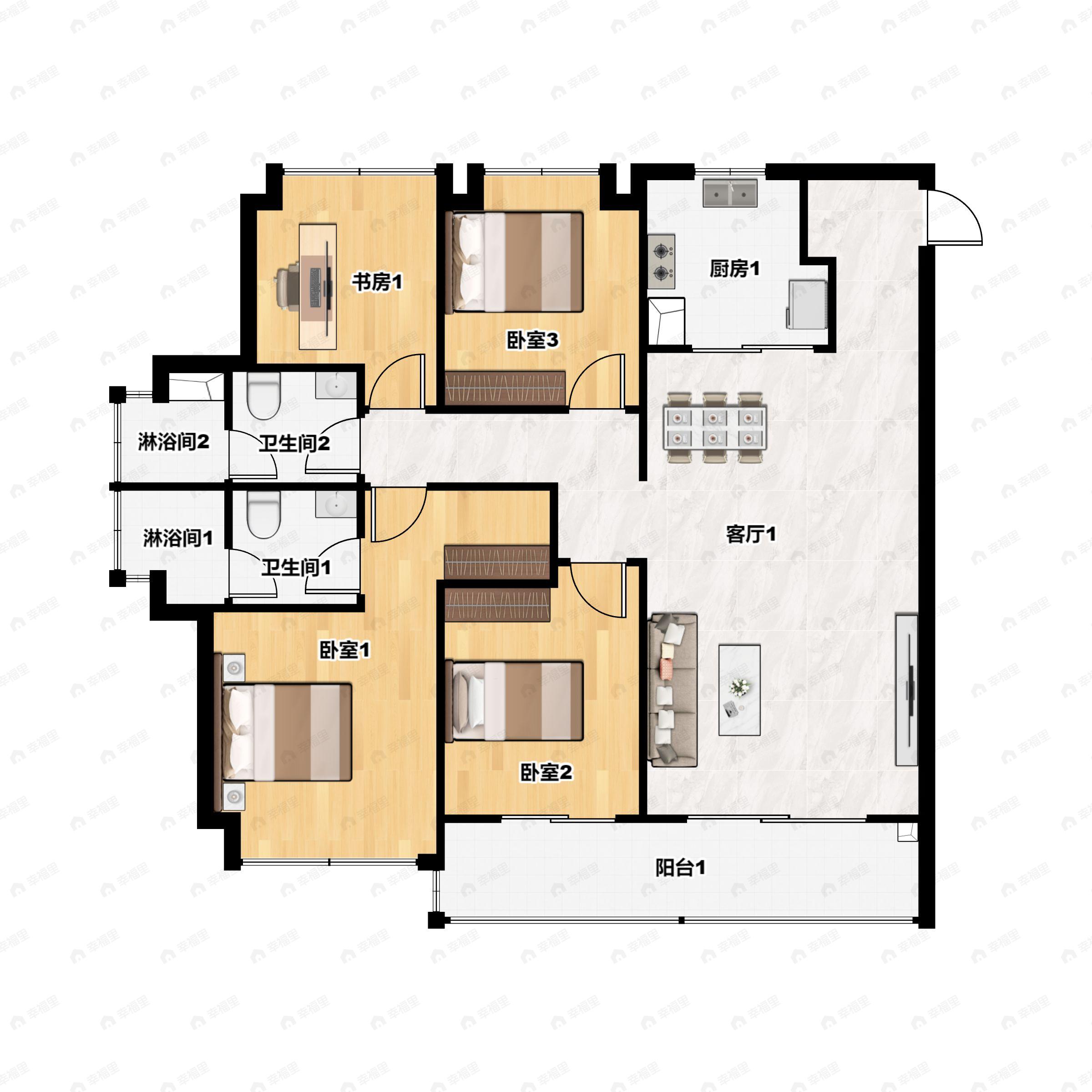 3室2厅2卫建面141m²北|南户型图