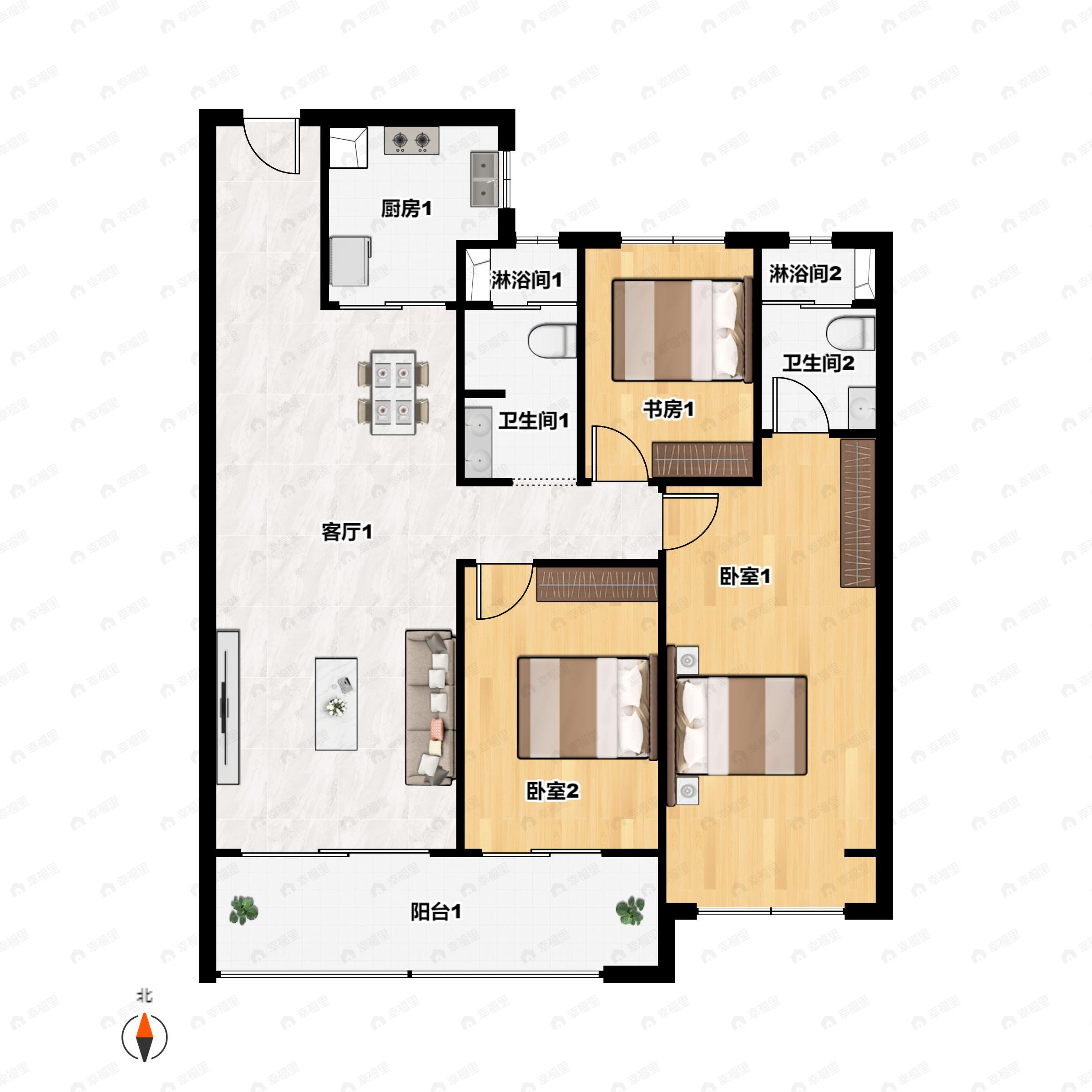 3室2厅2卫建面128平户型图