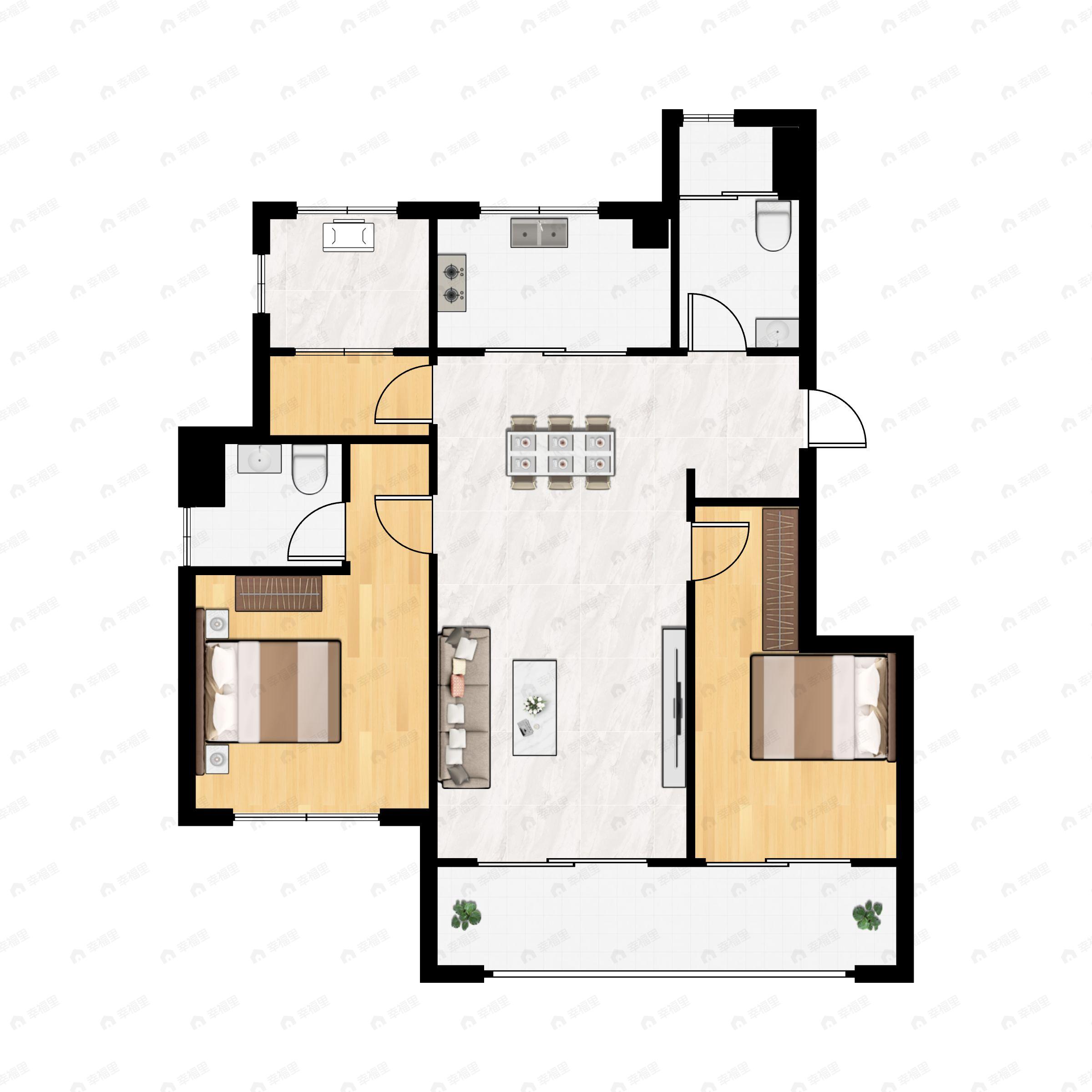 2室2厅2卫建面97m²北|南户型图