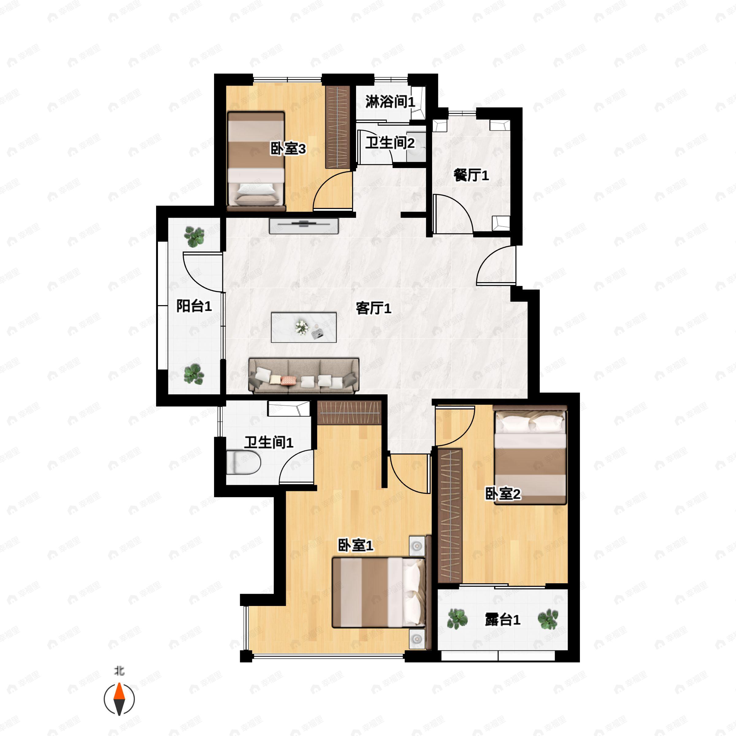 3室2厅2卫建面98平南|北户型图