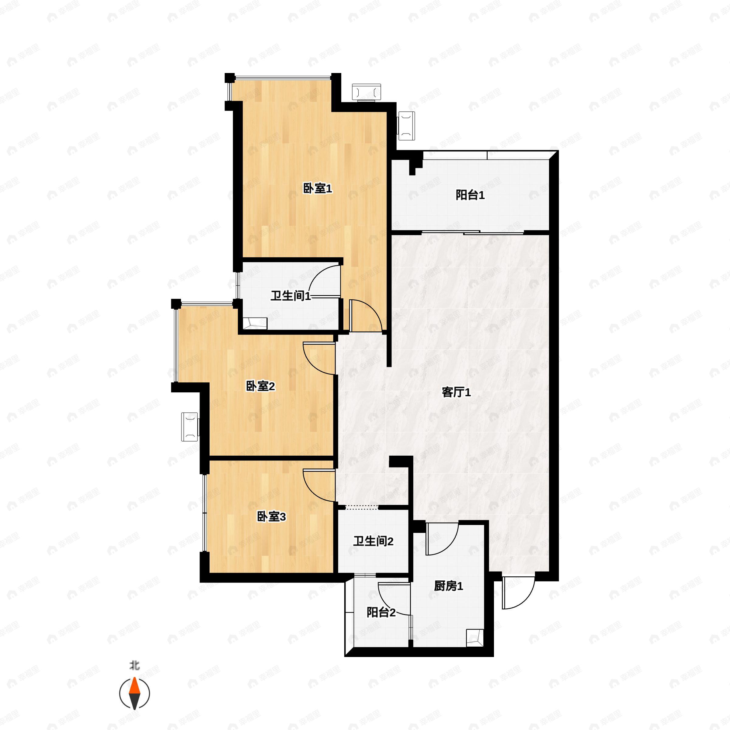 3室2厅2卫建面96平南户型图