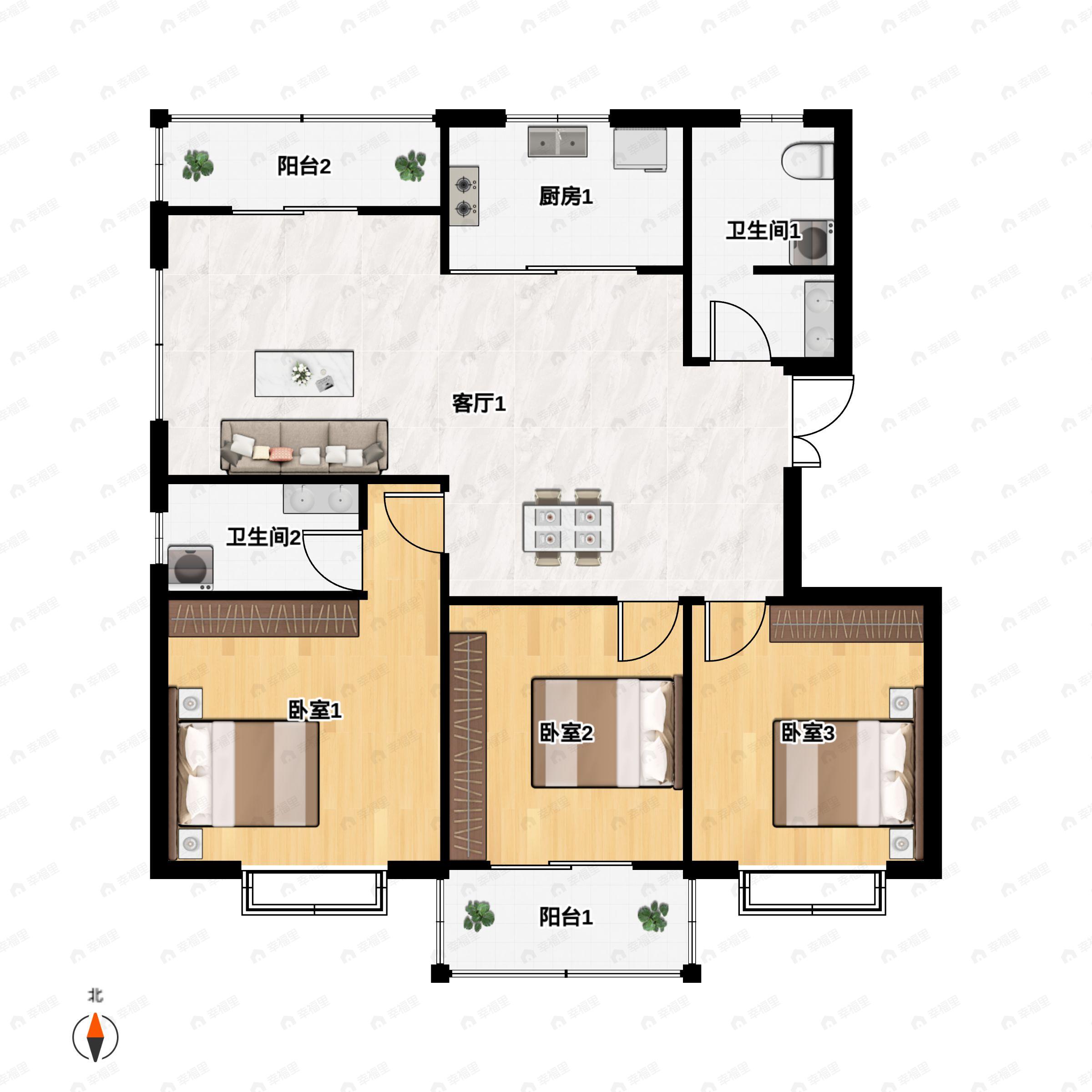 3室2厅2卫建面134平户型图