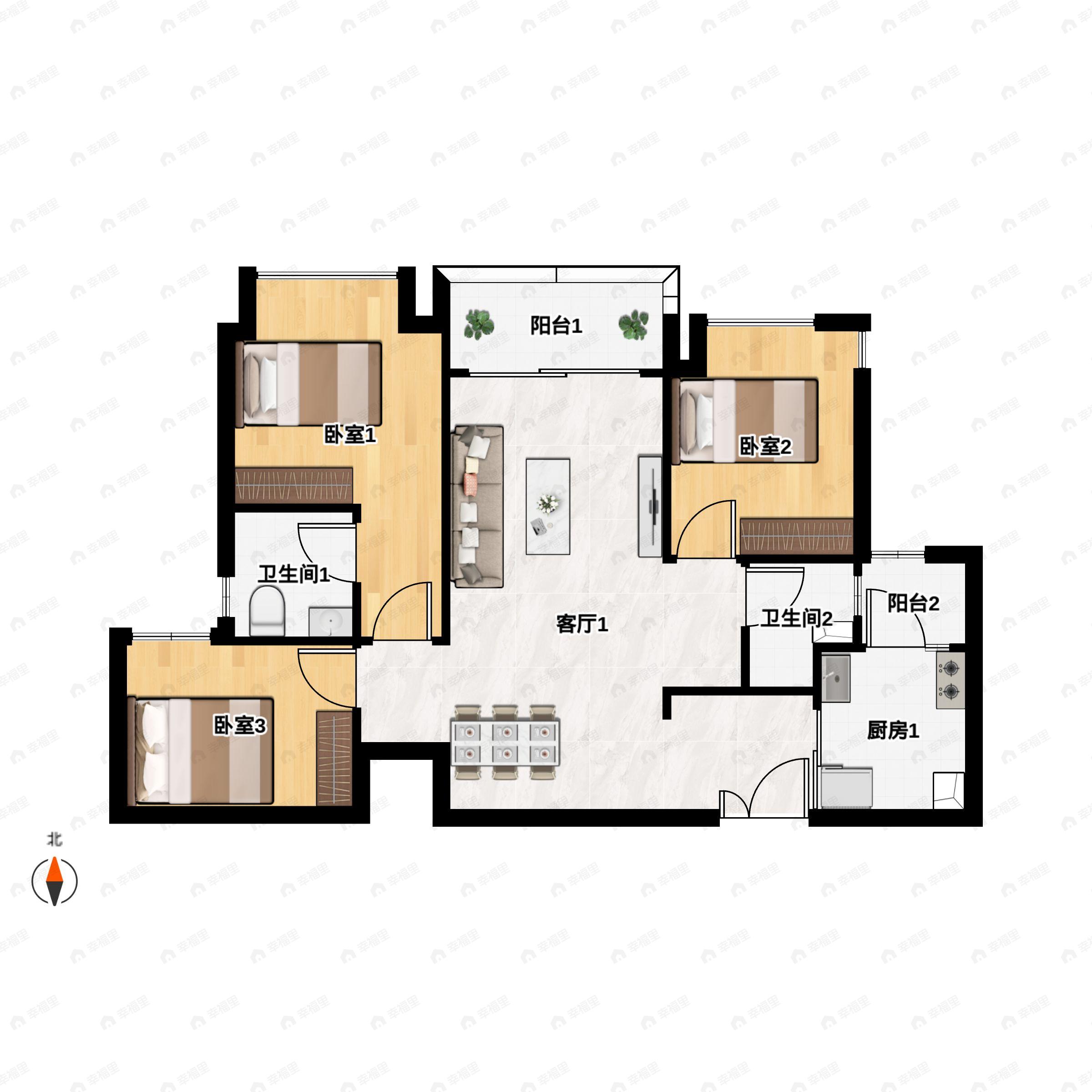 3室2厅2卫建面93平户型图