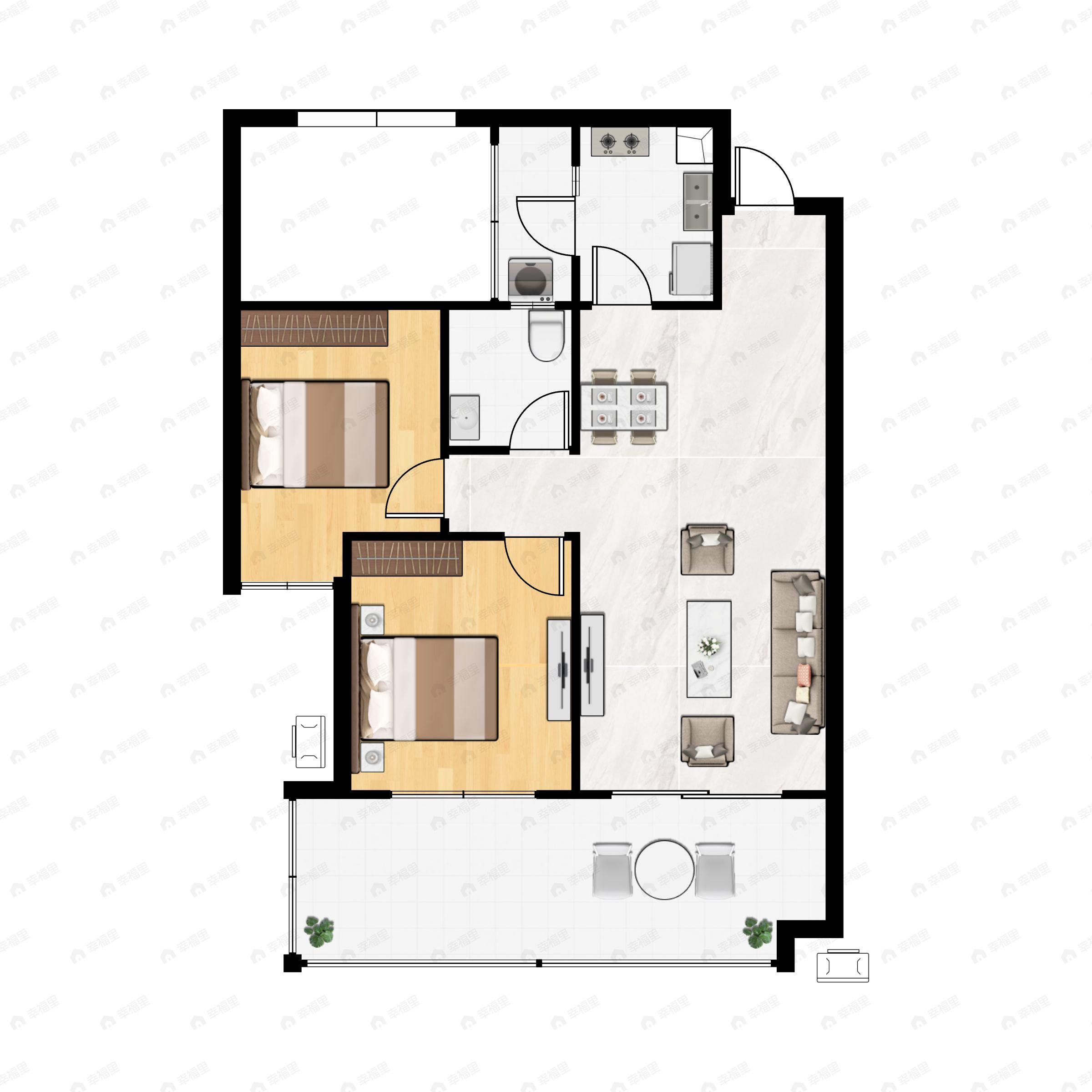2室2厅1卫建面74平西北|西南|东户型图