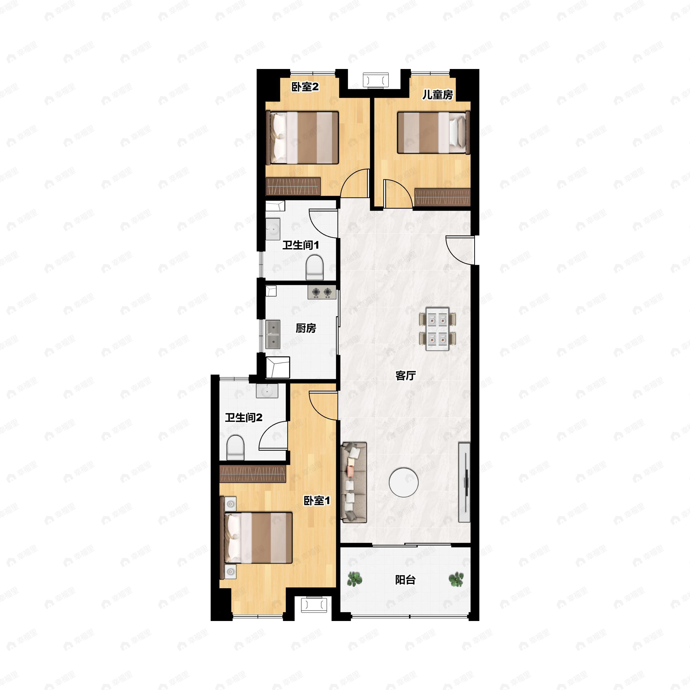 3室2厅2卫建面103平北|南户型图