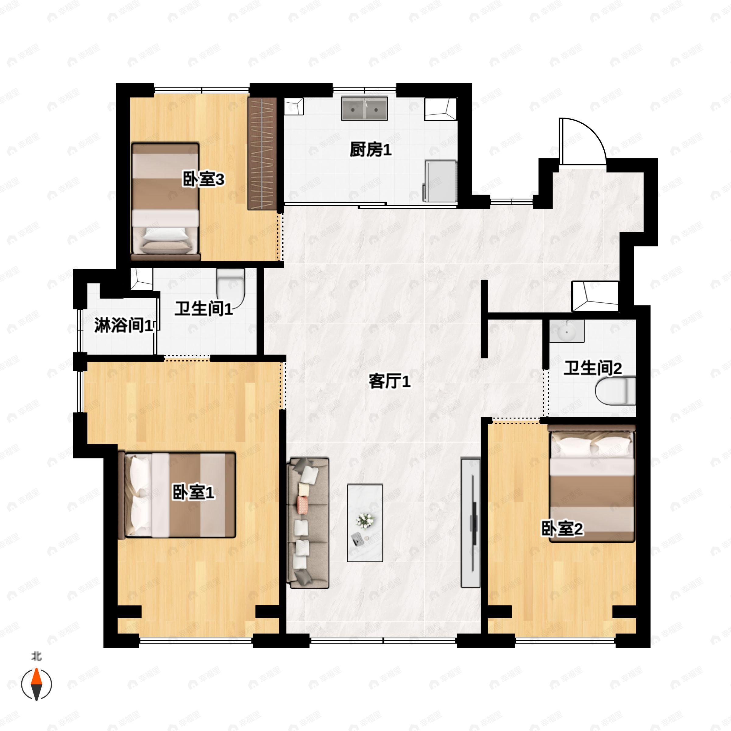 3室2厅2卫建面125平户型图