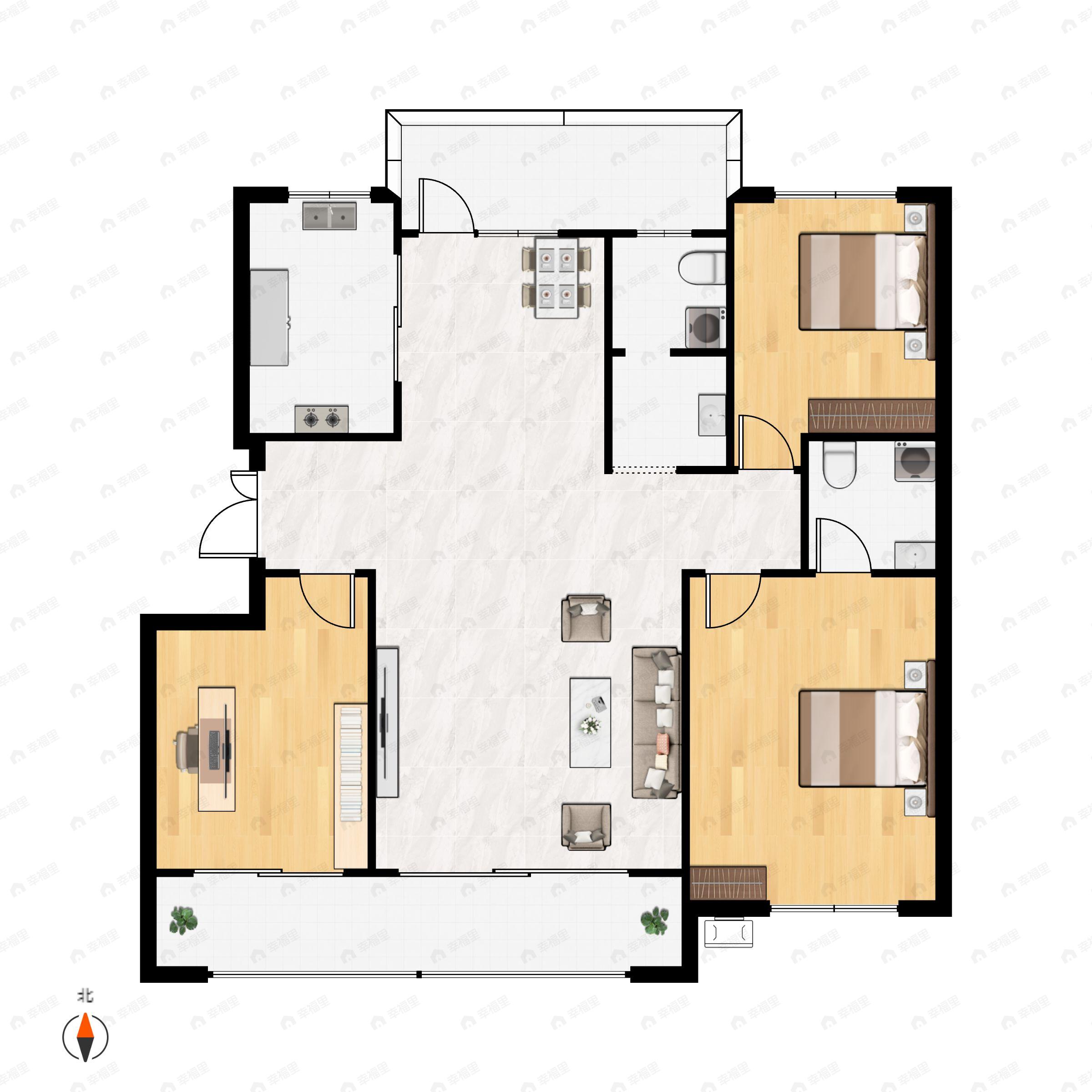 3室2厅2卫建面119m²南|北户型图