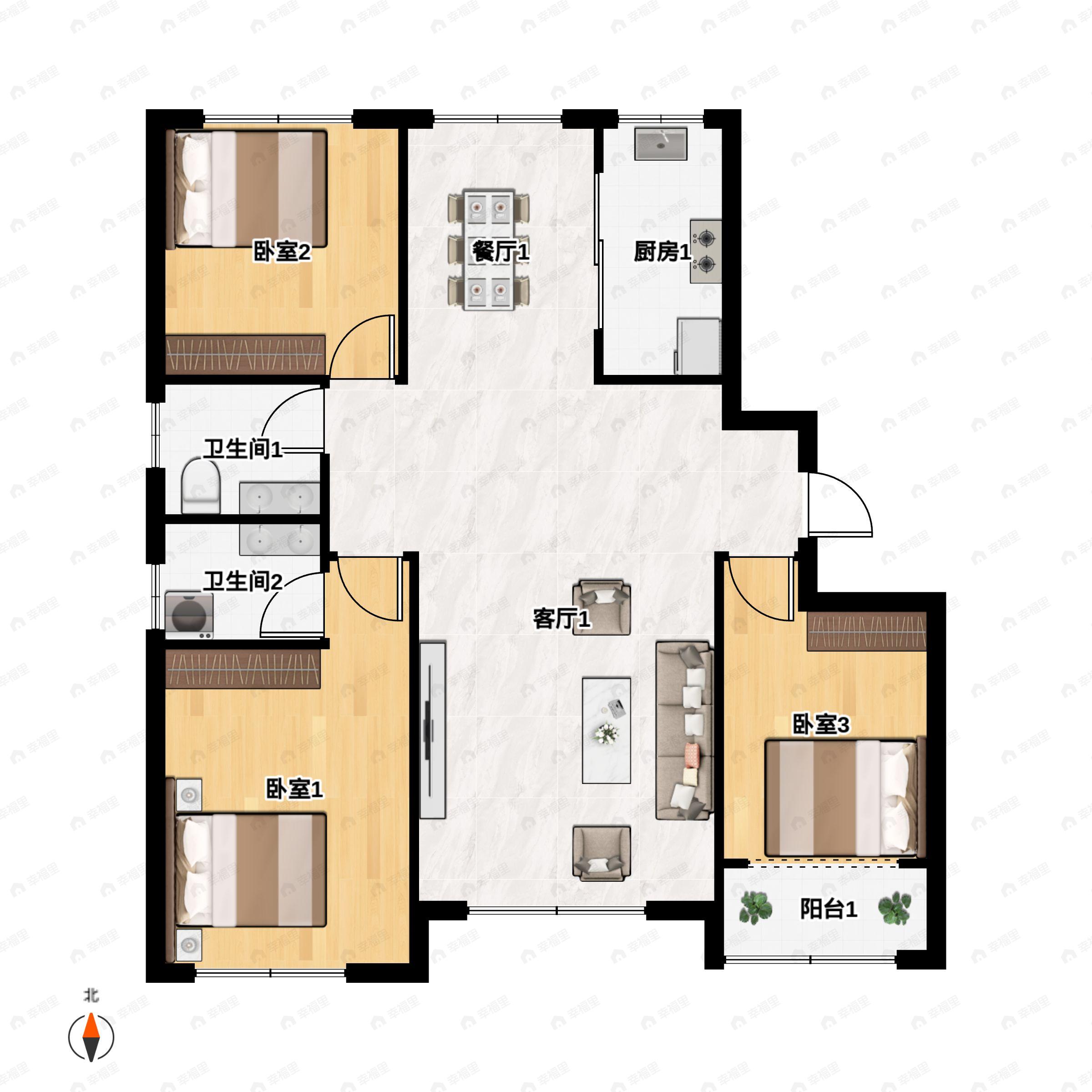 3室2厅2卫建面137平户型图