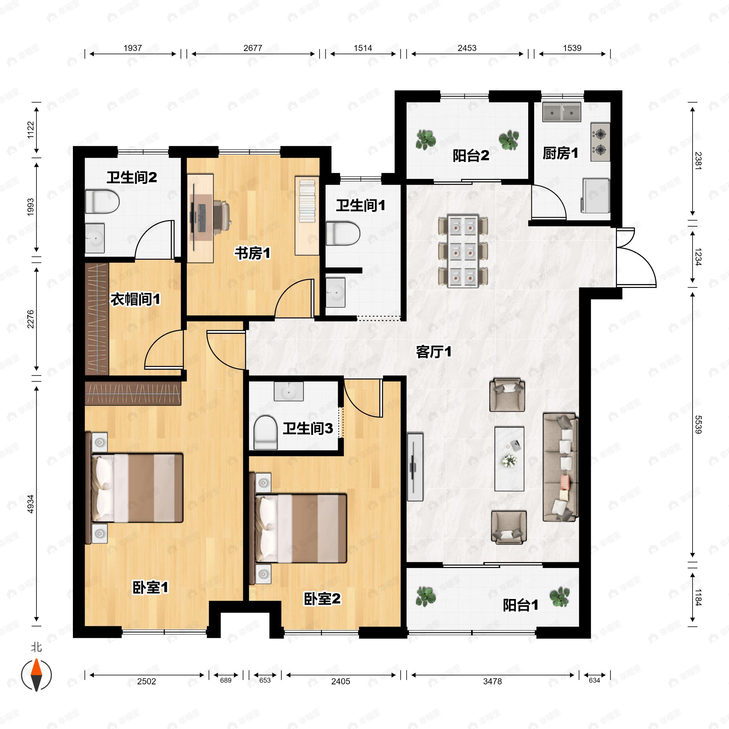 3室2厅3卫建面155m²北|南户型图
