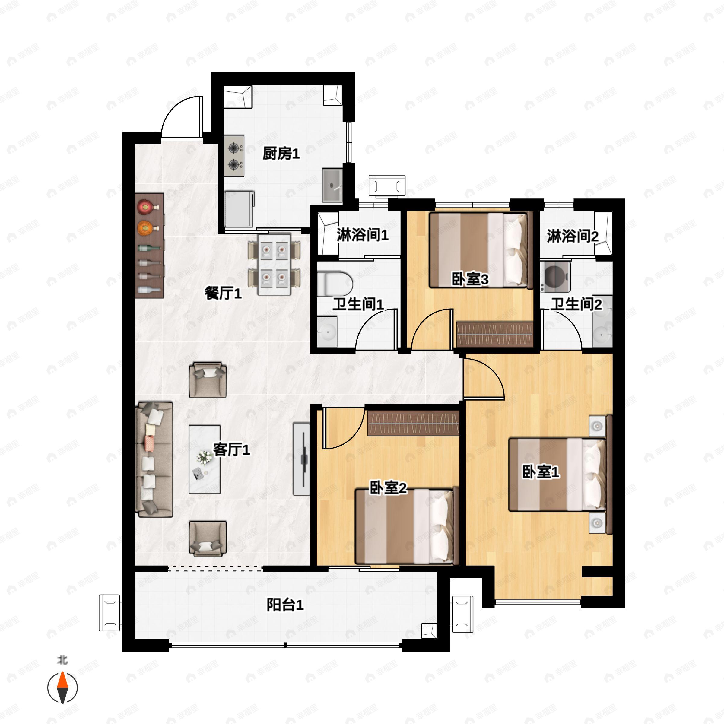 3室2厅2卫建面121平户型图