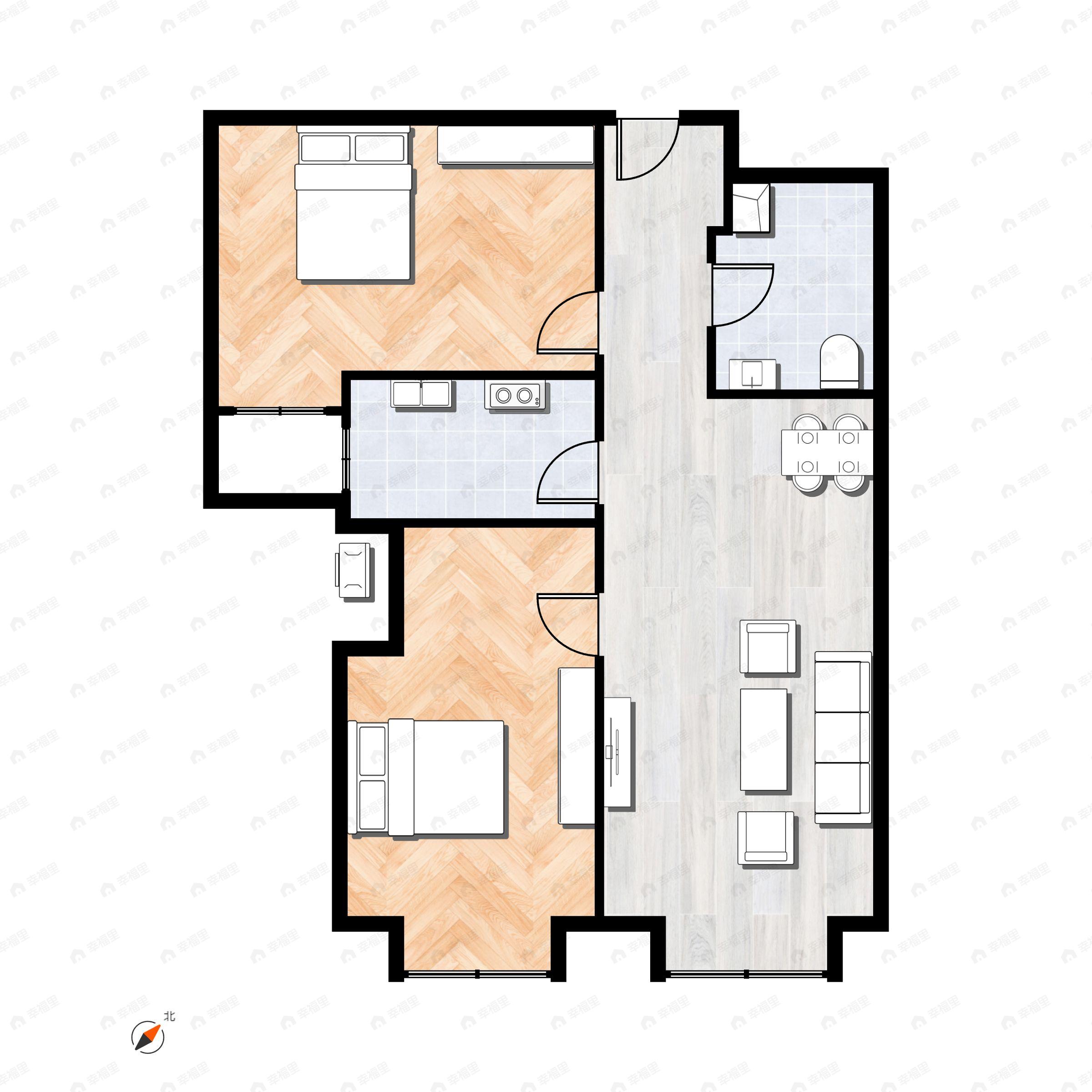 2室2厅1卫建面83m²北|南户型图