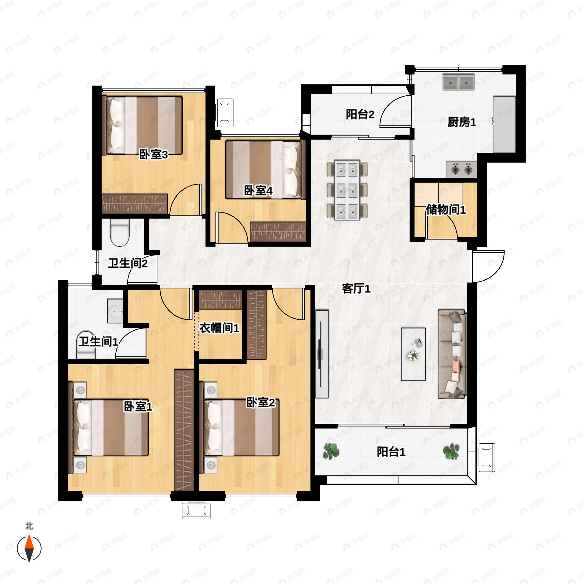 4室2厅2卫建面126平北户型图