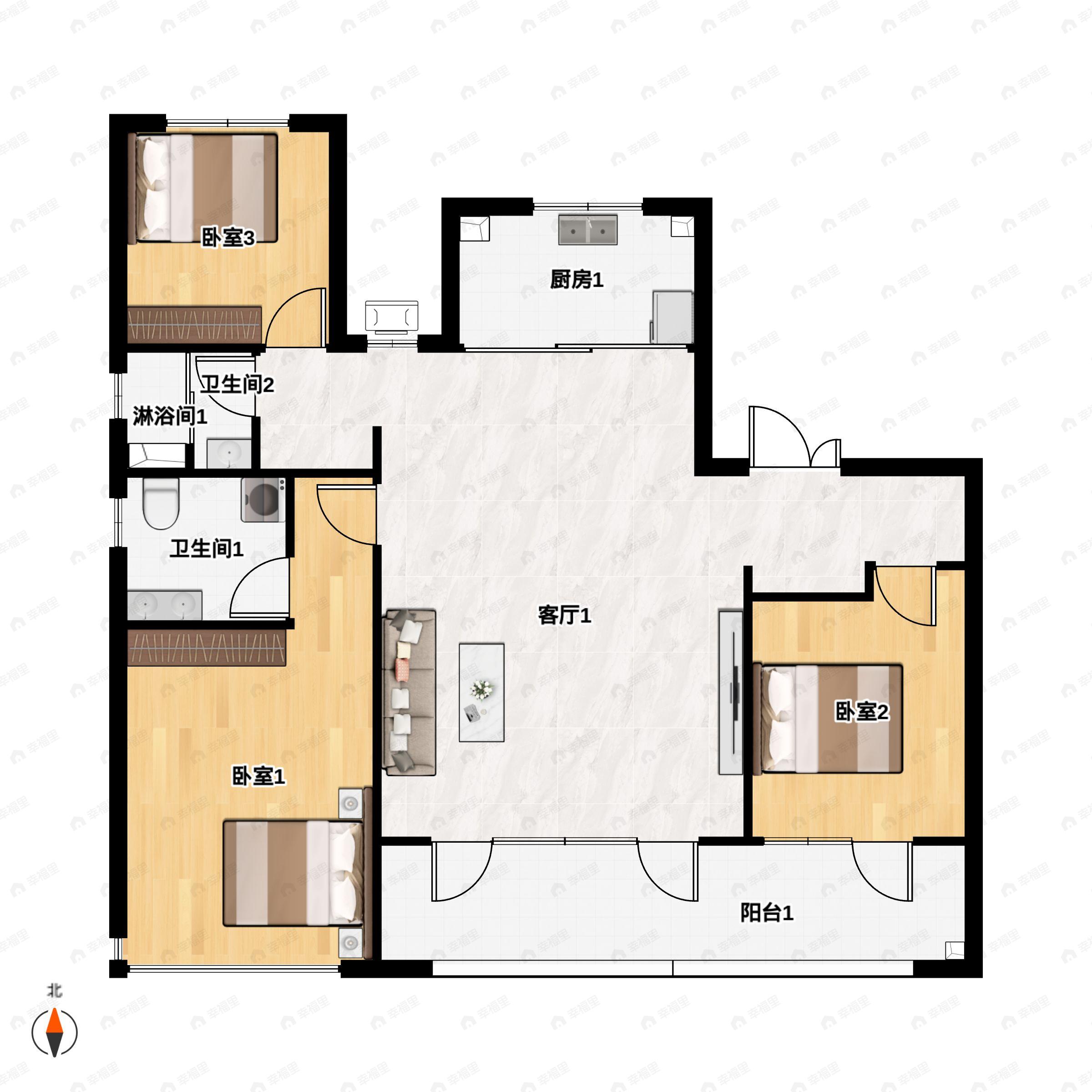 3室2厅2卫建面142m²南户型图