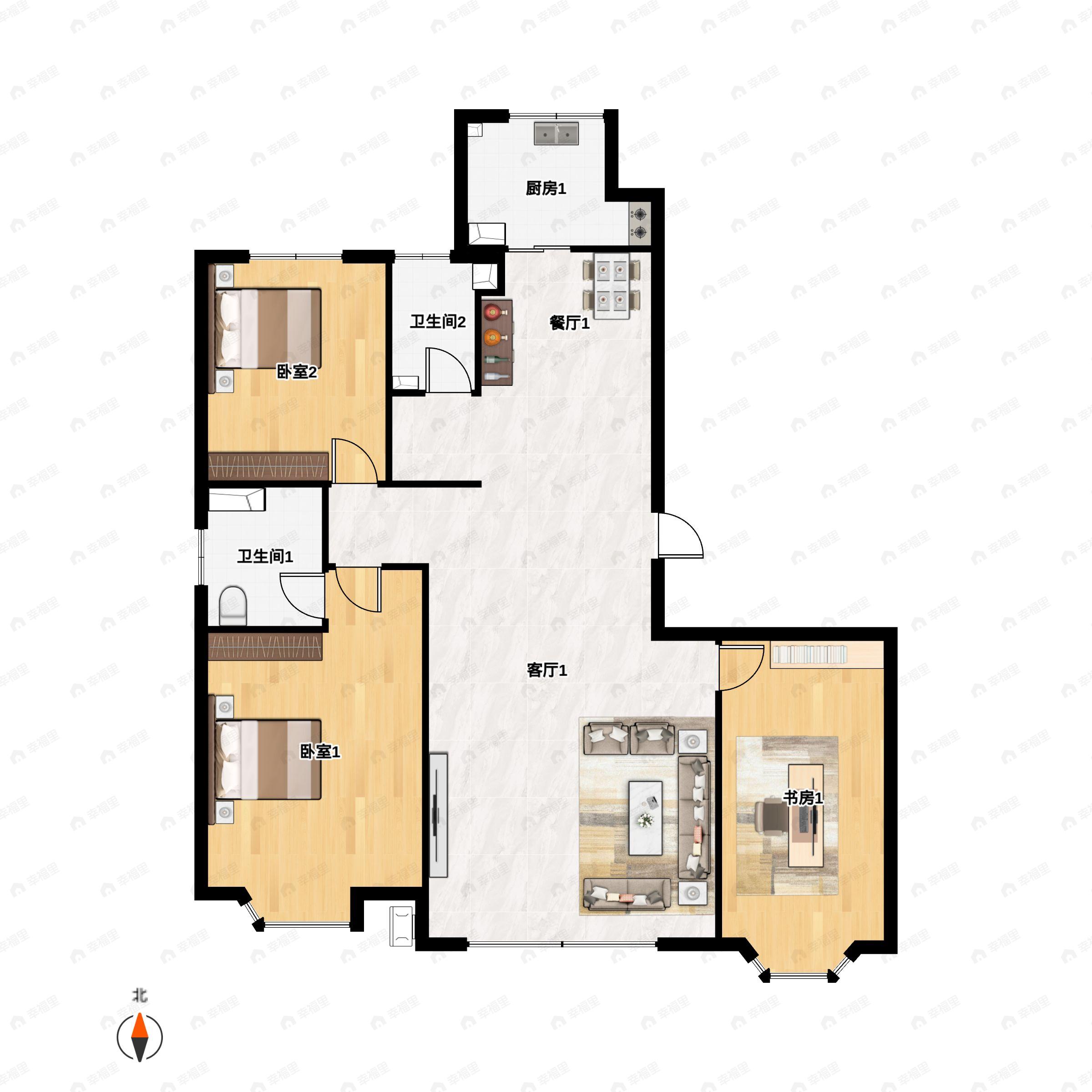 3室2厅2卫建面135平南|北户型图