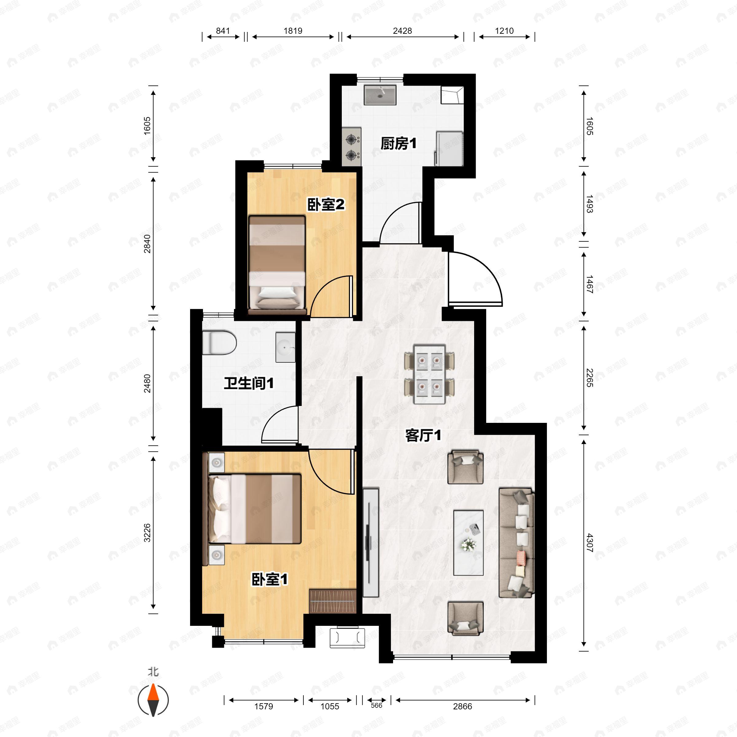 2室2厅1卫建面75平南户型图