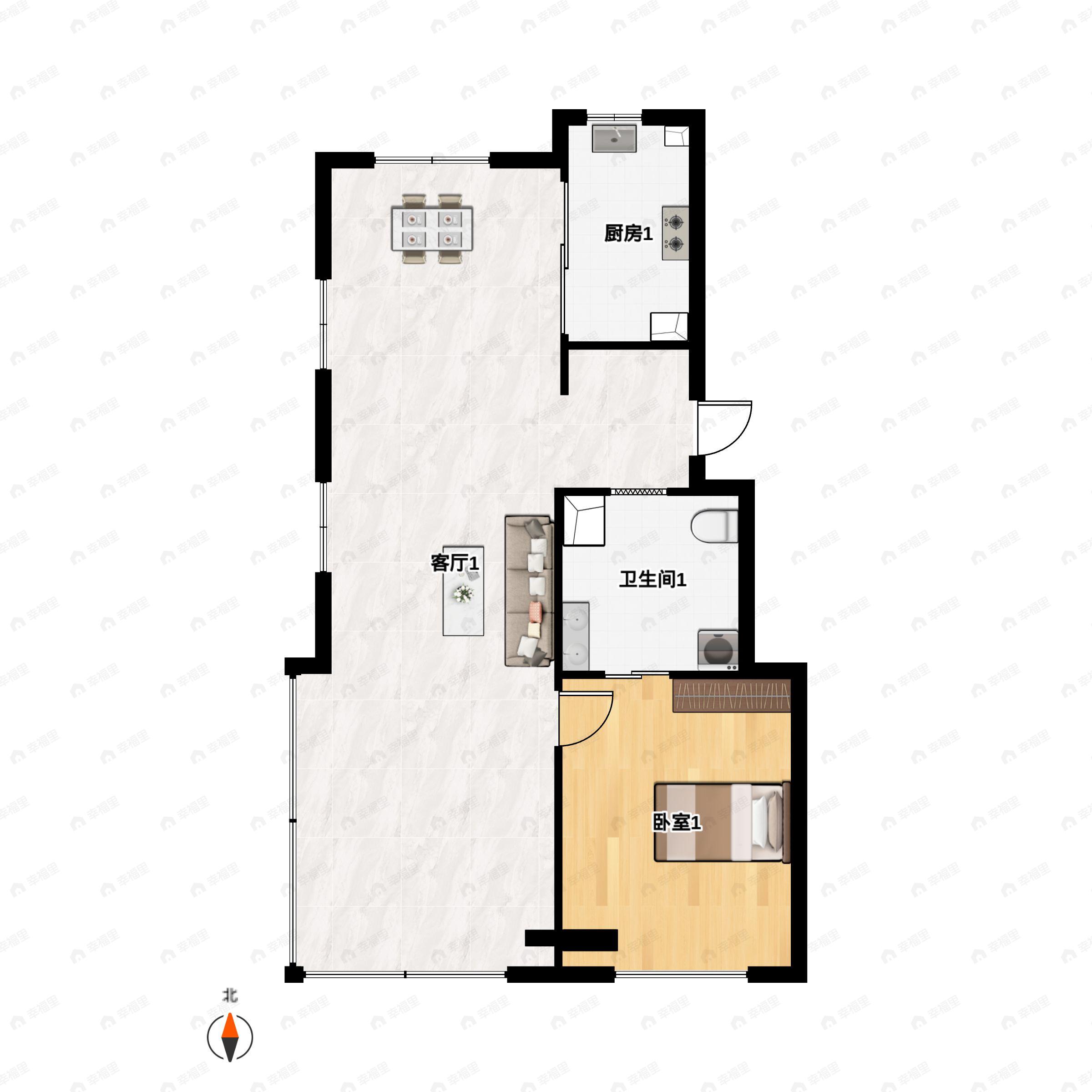 1室2厅1卫建面83m²南|北户型图