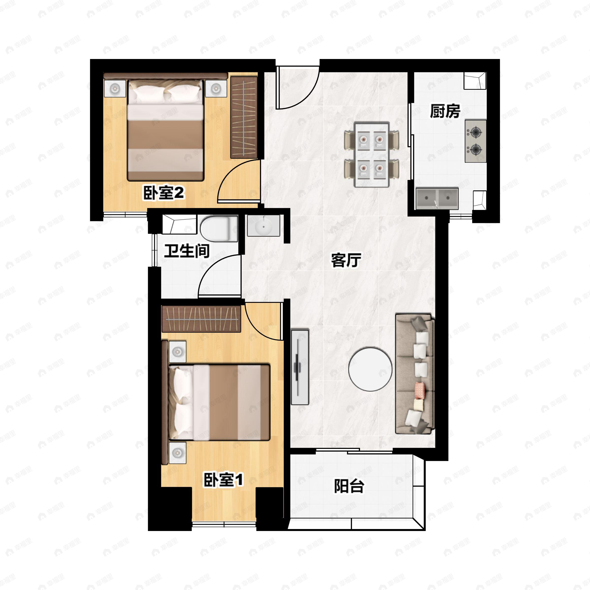 2室2厅1卫建面89m²南|北户型图