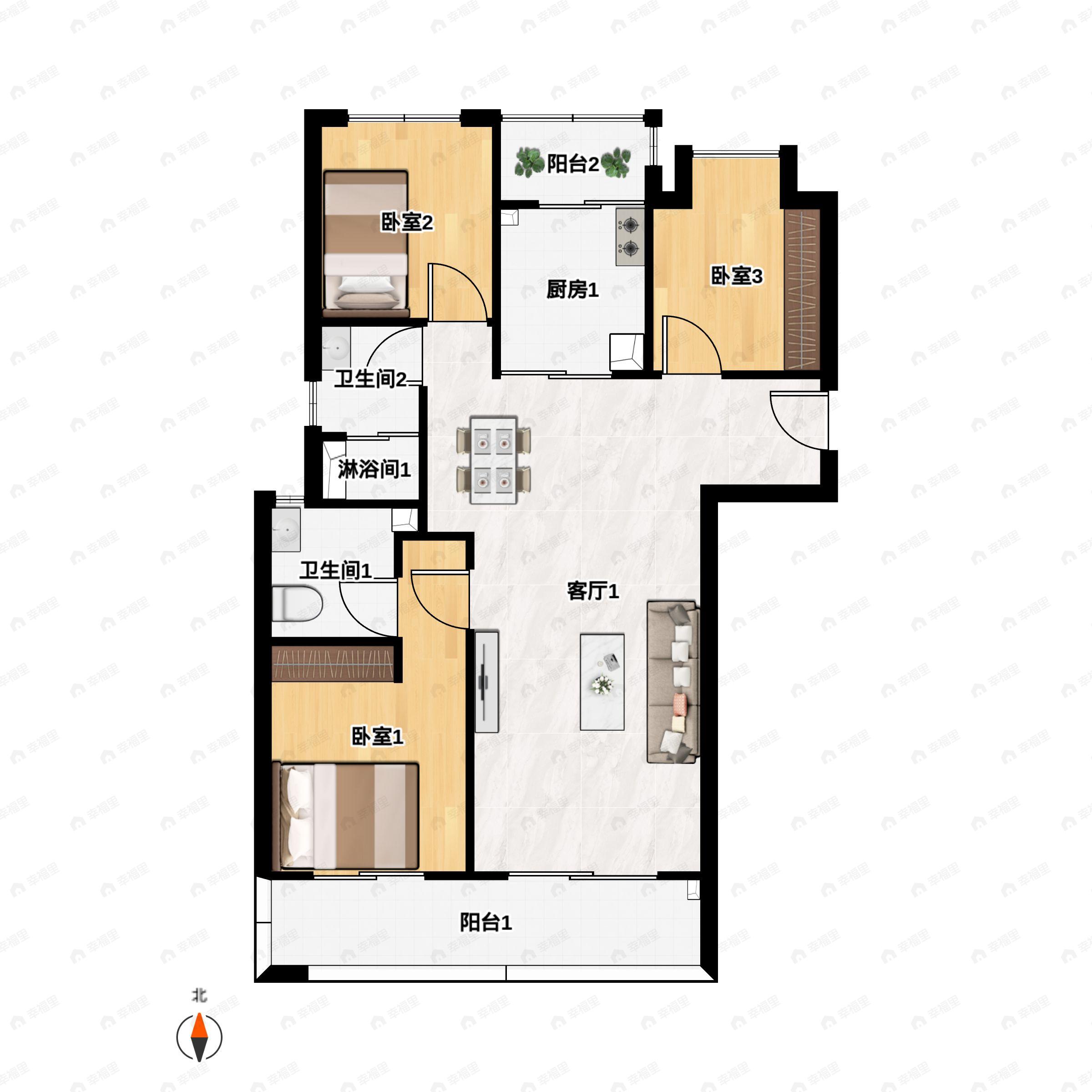 3室2厅2卫建面116m²南户型图
