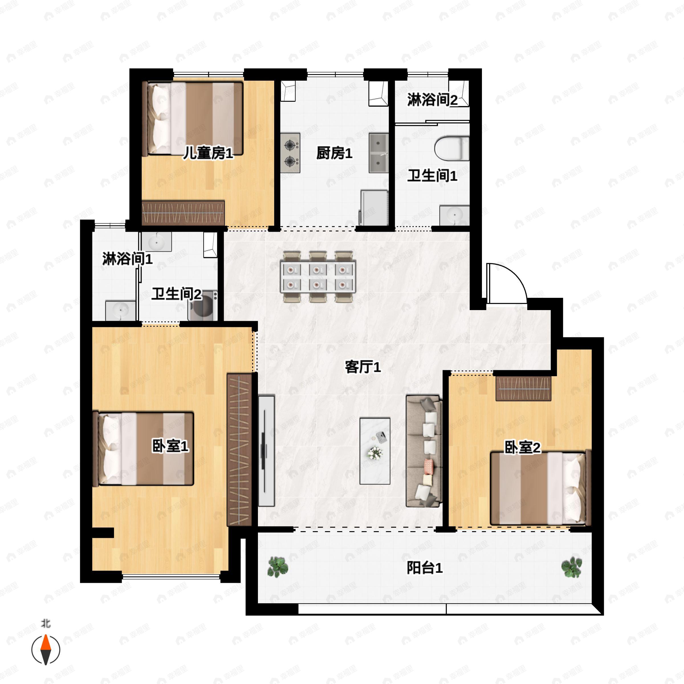 3室2厅2卫建面109平南|北户型图