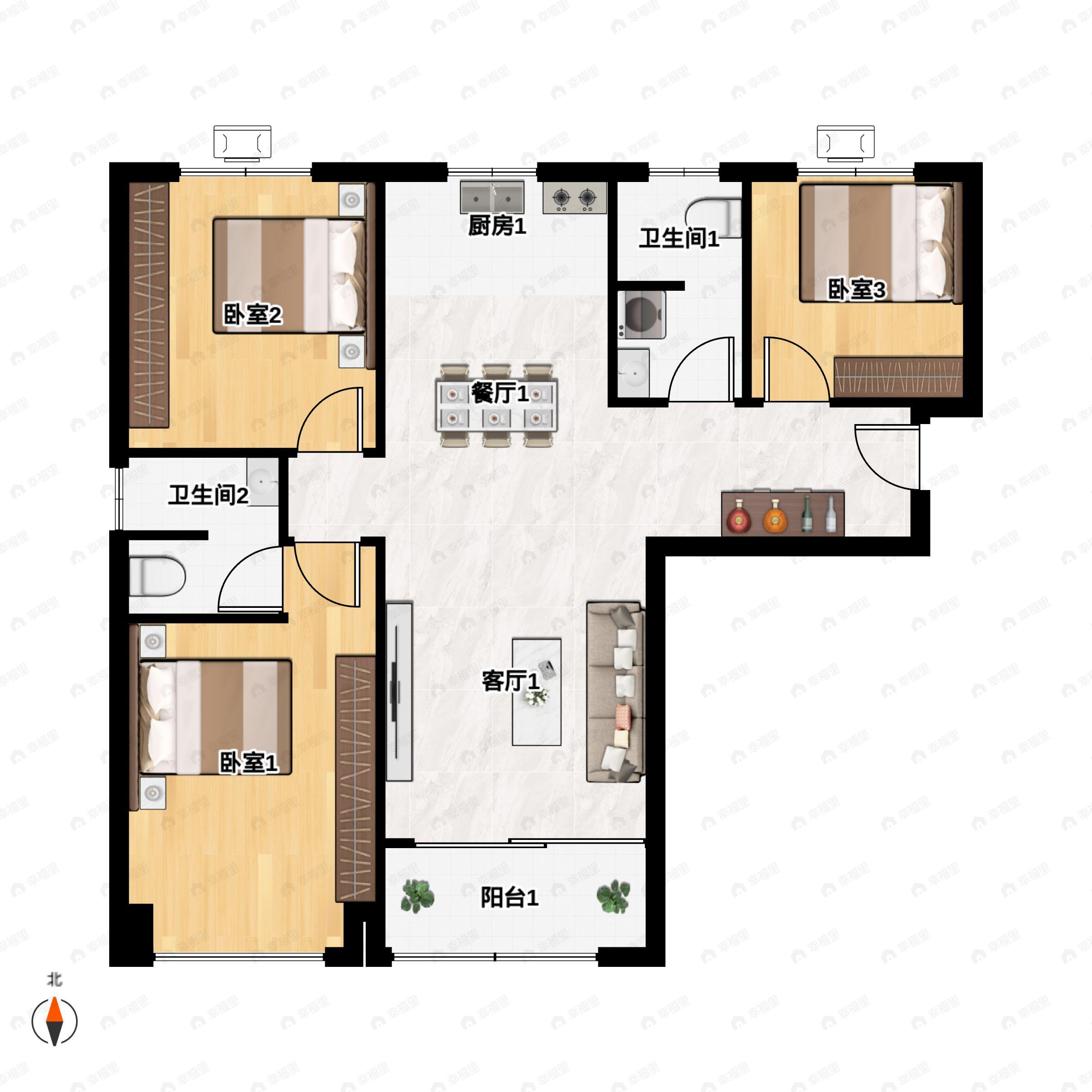 3室2厅2卫建面116m²南户型图
