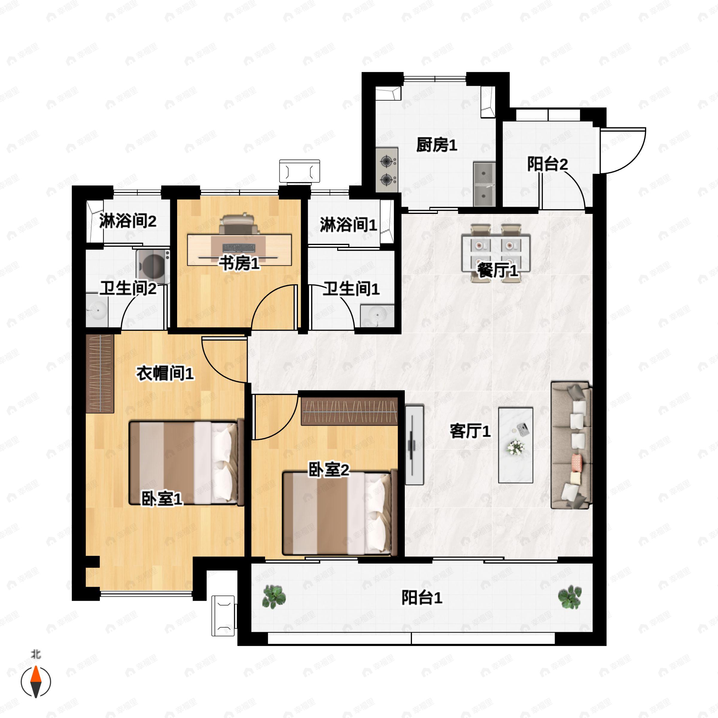 3室2厅2卫建面108平户型图